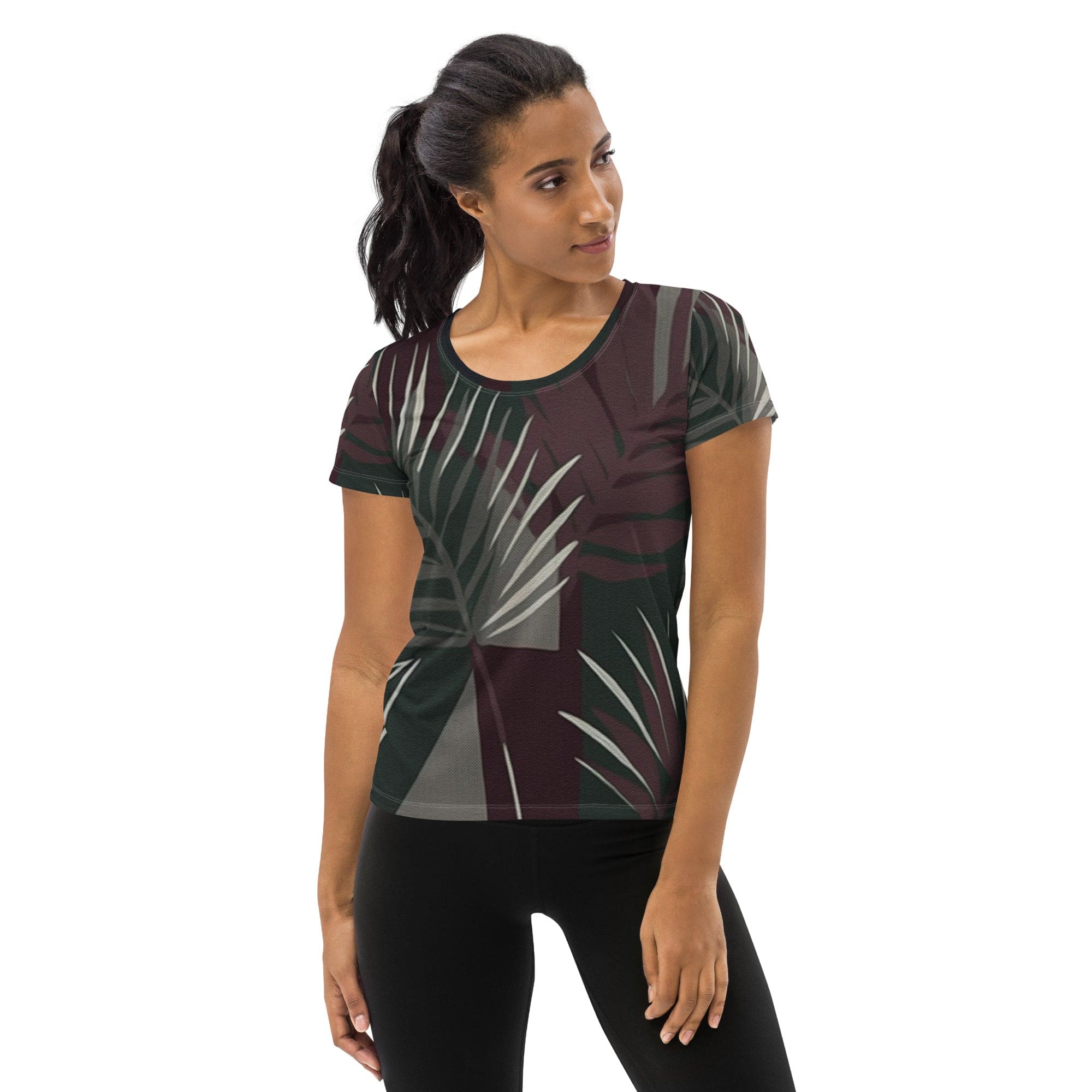 Women's Stretch Fit Athletic Sports T-shirt in maroon with palm tree leaves design, showcasing a comfortable and stylish athletic fit.