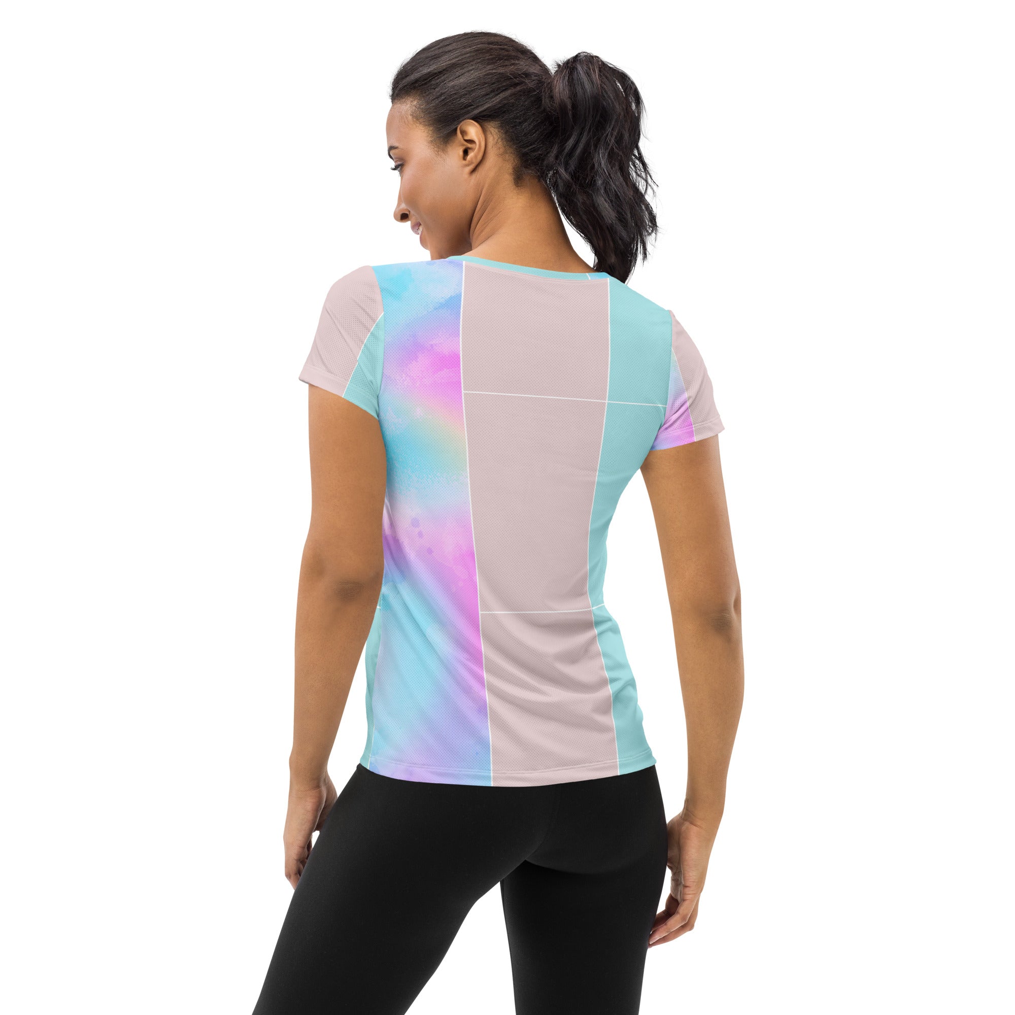 Women's Stretch Fit Athletic Sports T-shirt in pastel colorblock design, showcasing its soft fabric and athletic silhouette.