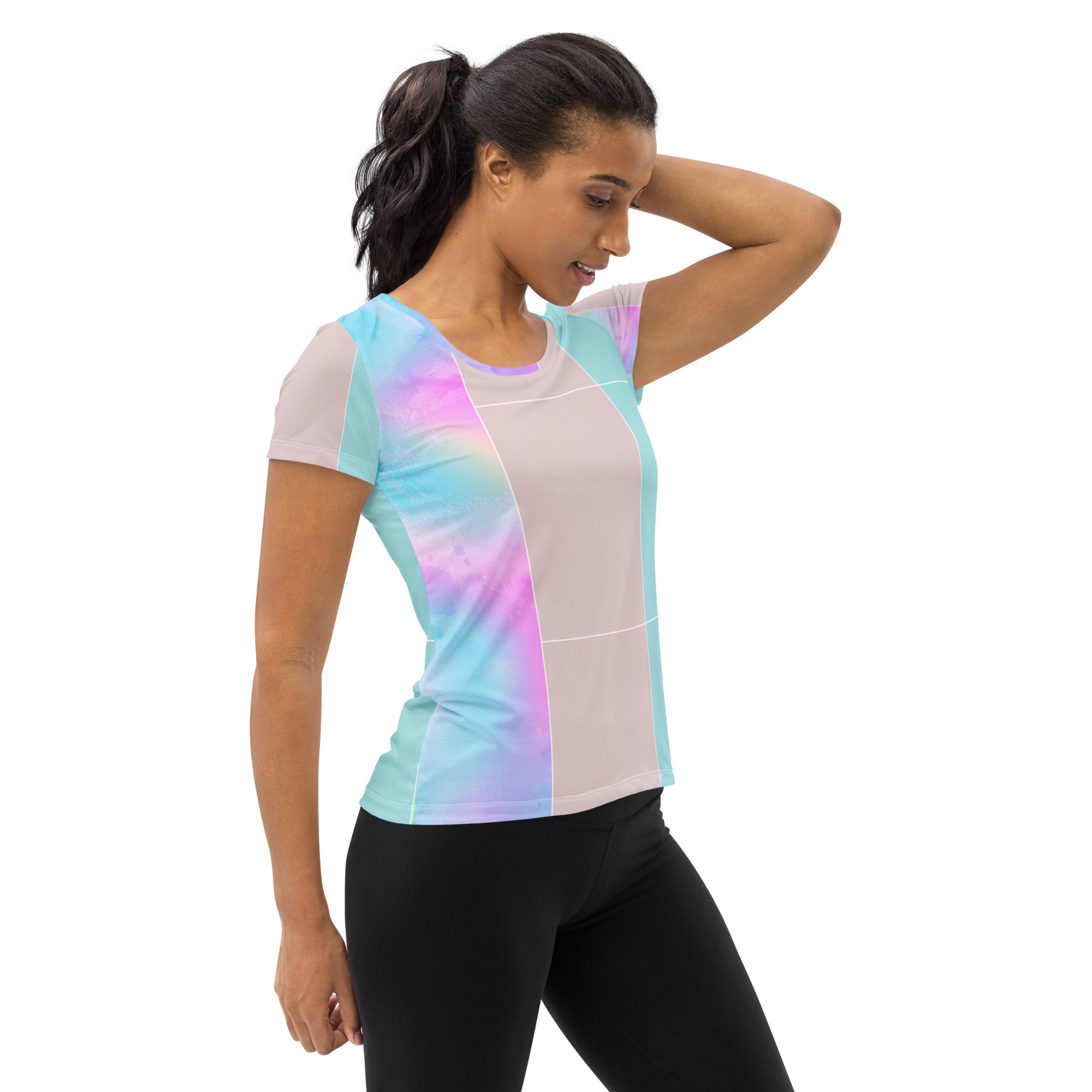 Women's Stretch Fit Athletic Sports T-shirt in pastel colorblock design, showcasing its soft fabric and athletic silhouette.