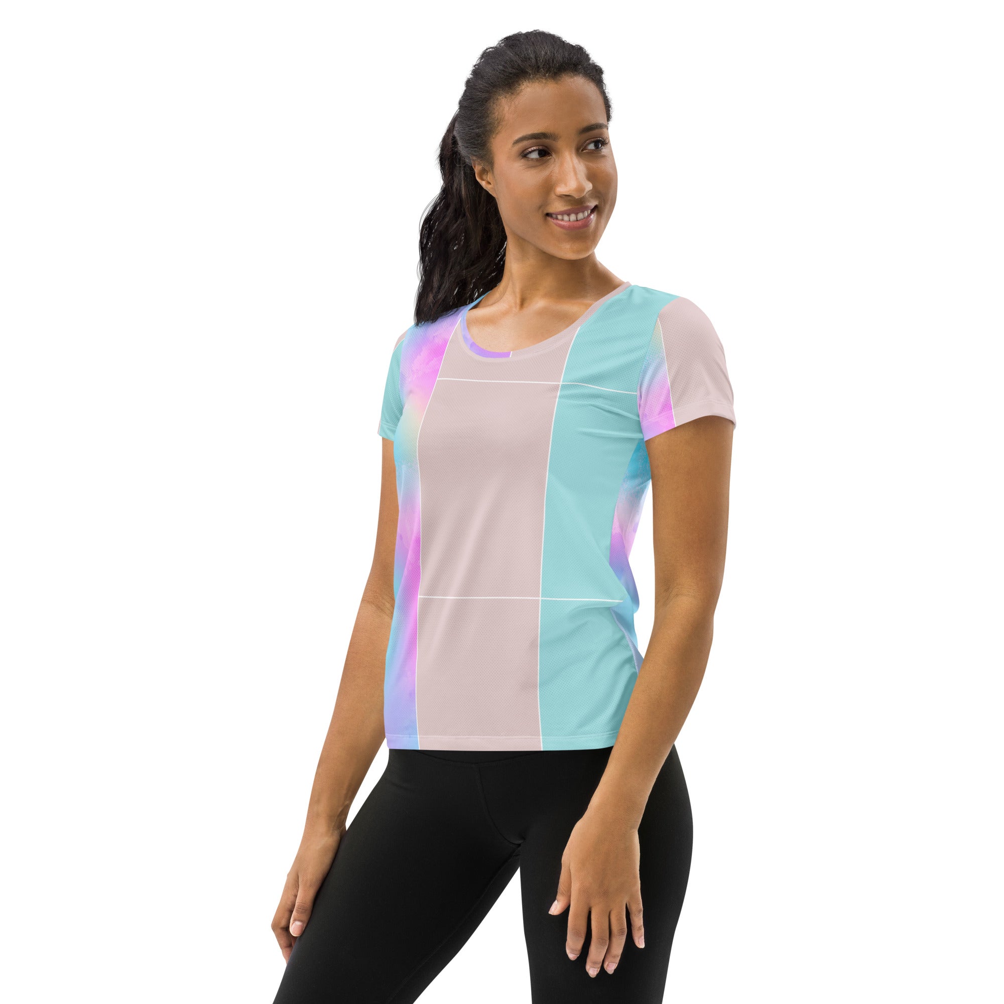 Women's Stretch Fit Athletic Sports T-shirt in pastel colorblock design, showcasing its soft fabric and athletic silhouette.