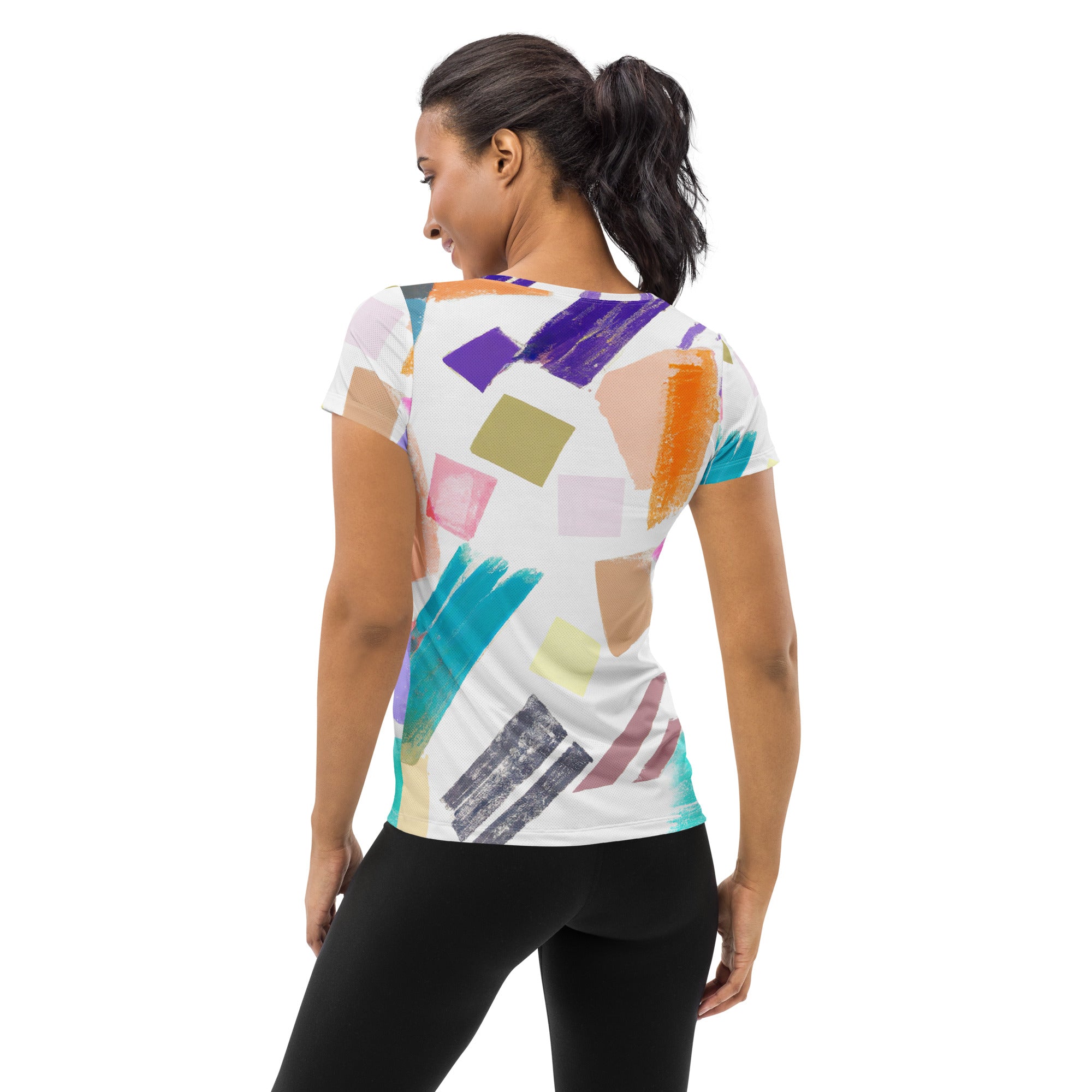 Women's Stretch Fit Athletic Sports T-shirt in pastel pattern, showcasing its soft fabric and athletic design.