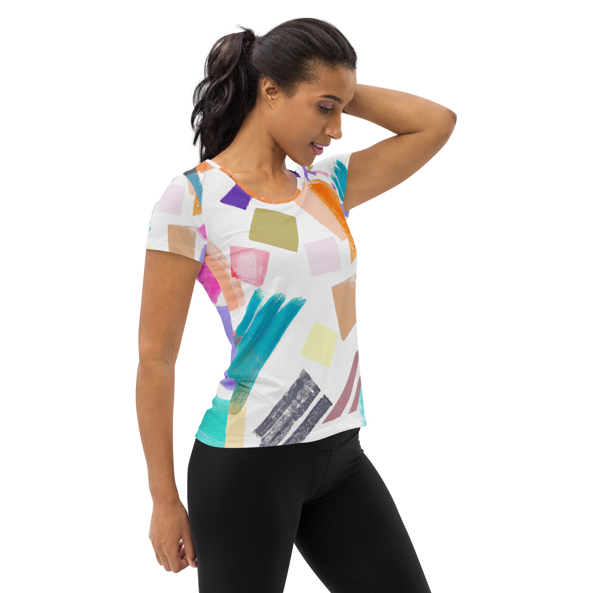 Women's Stretch Fit Athletic Sports T-shirt in pastel pattern, showcasing its soft fabric and athletic design.