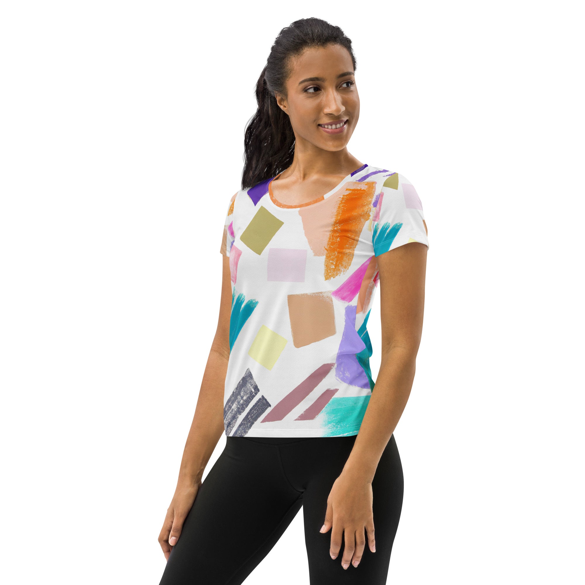 Women's Stretch Fit Athletic Sports T-shirt in pastel pattern, showcasing its soft fabric and athletic design.