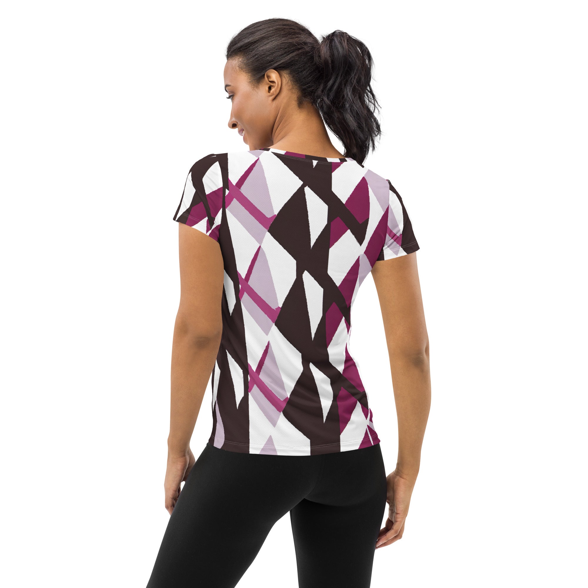 Women's Stretch Fit Athletic Sports T-shirt in Pink Mauve Pattern, showcasing its soft fabric and athletic design.