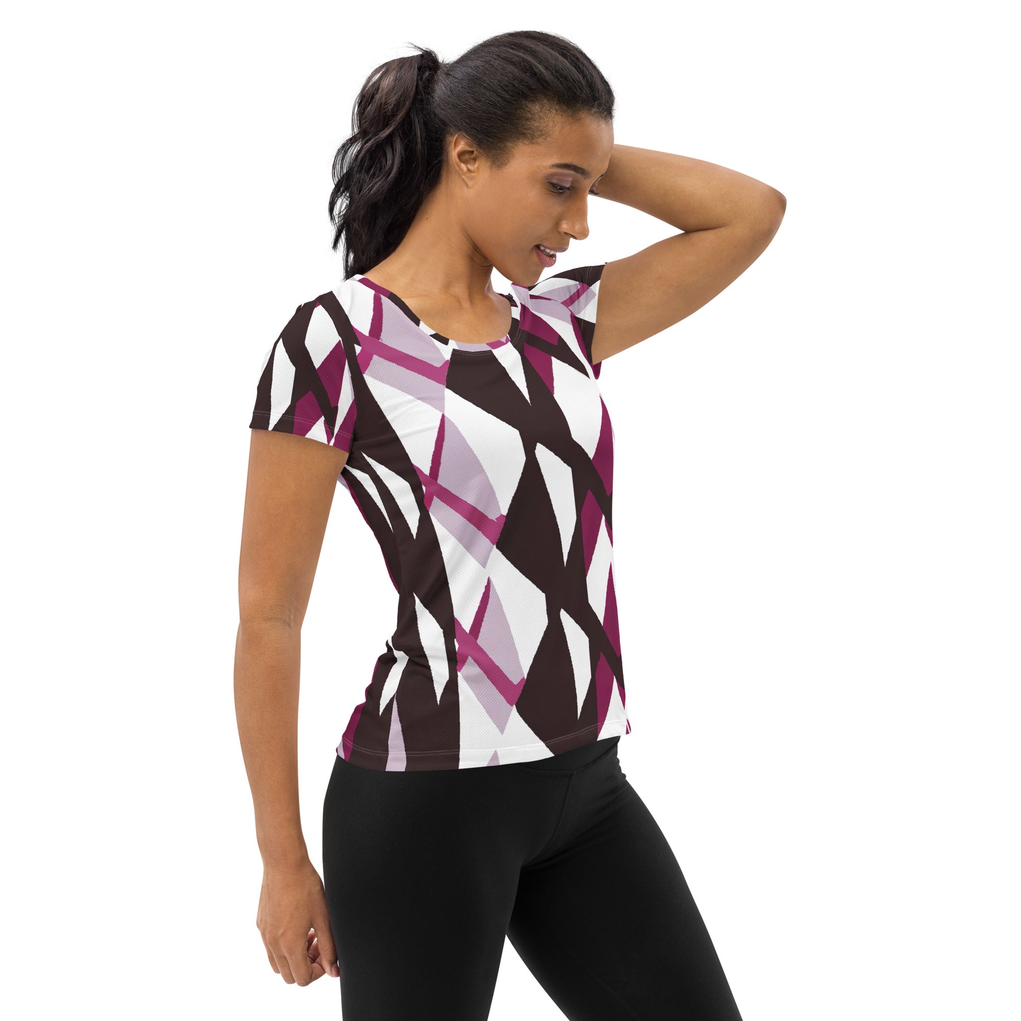 Women's Stretch Fit Athletic Sports T-shirt in Pink Mauve Pattern, showcasing its soft fabric and athletic design.