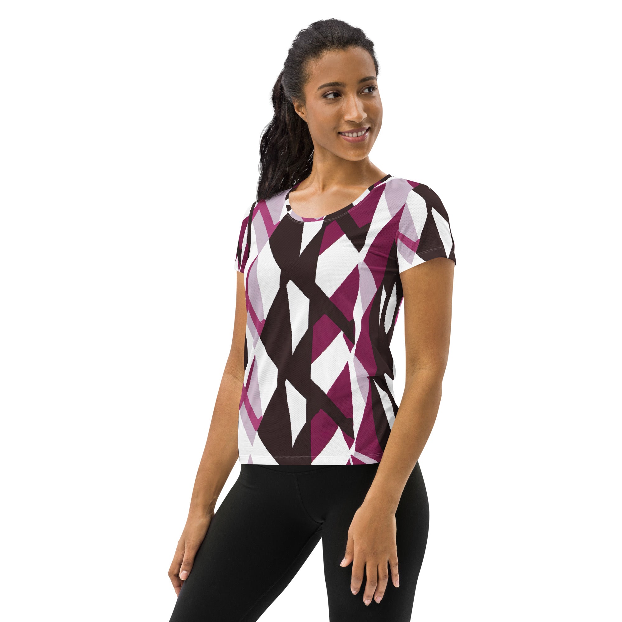 Women's Stretch Fit Athletic Sports T-shirt in Pink Mauve Pattern, showcasing its soft fabric and athletic design.