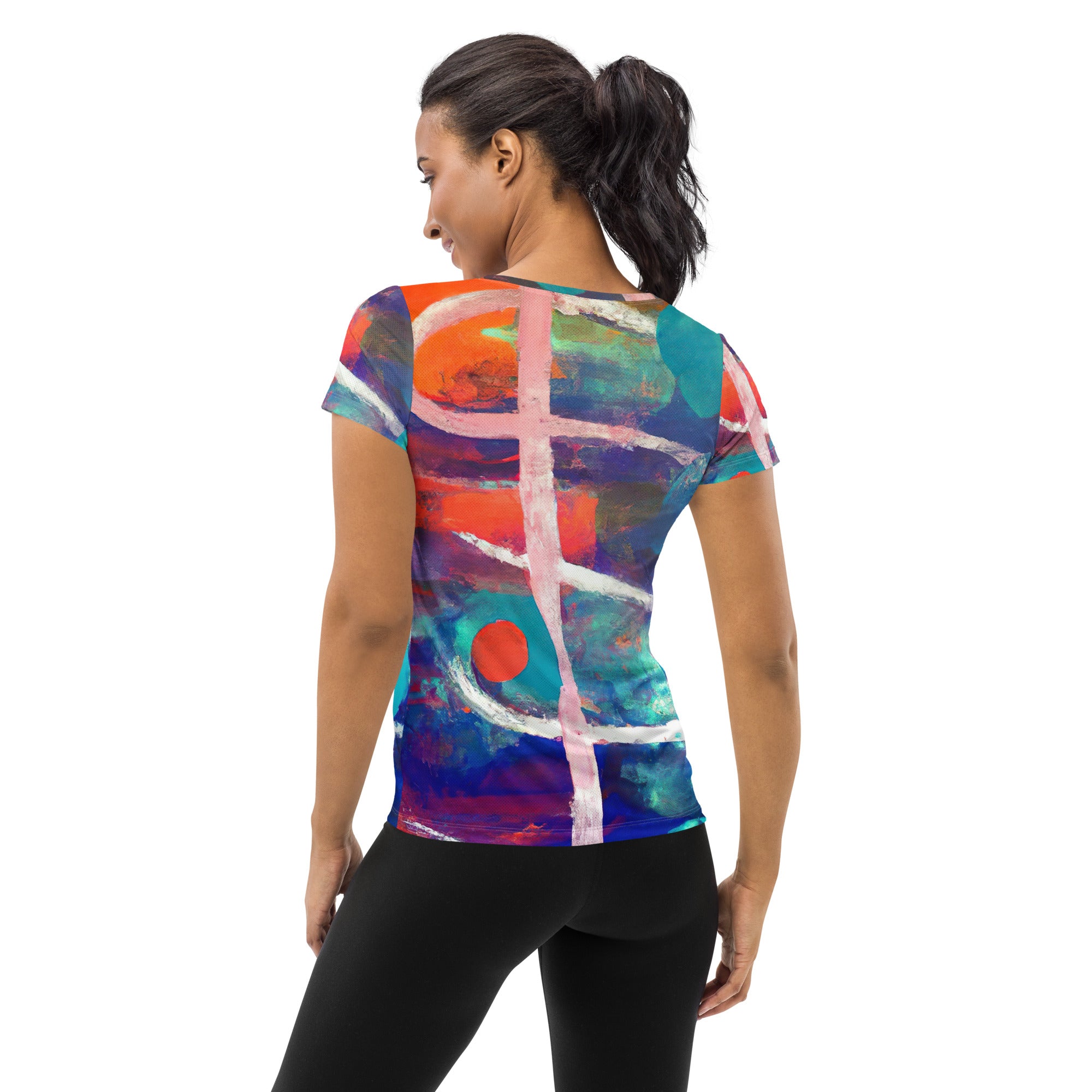 Women's Stretch Fit Athletic Sports T-shirt in red and blue multicolor abstract pattern, showcasing its soft fabric and athletic design.