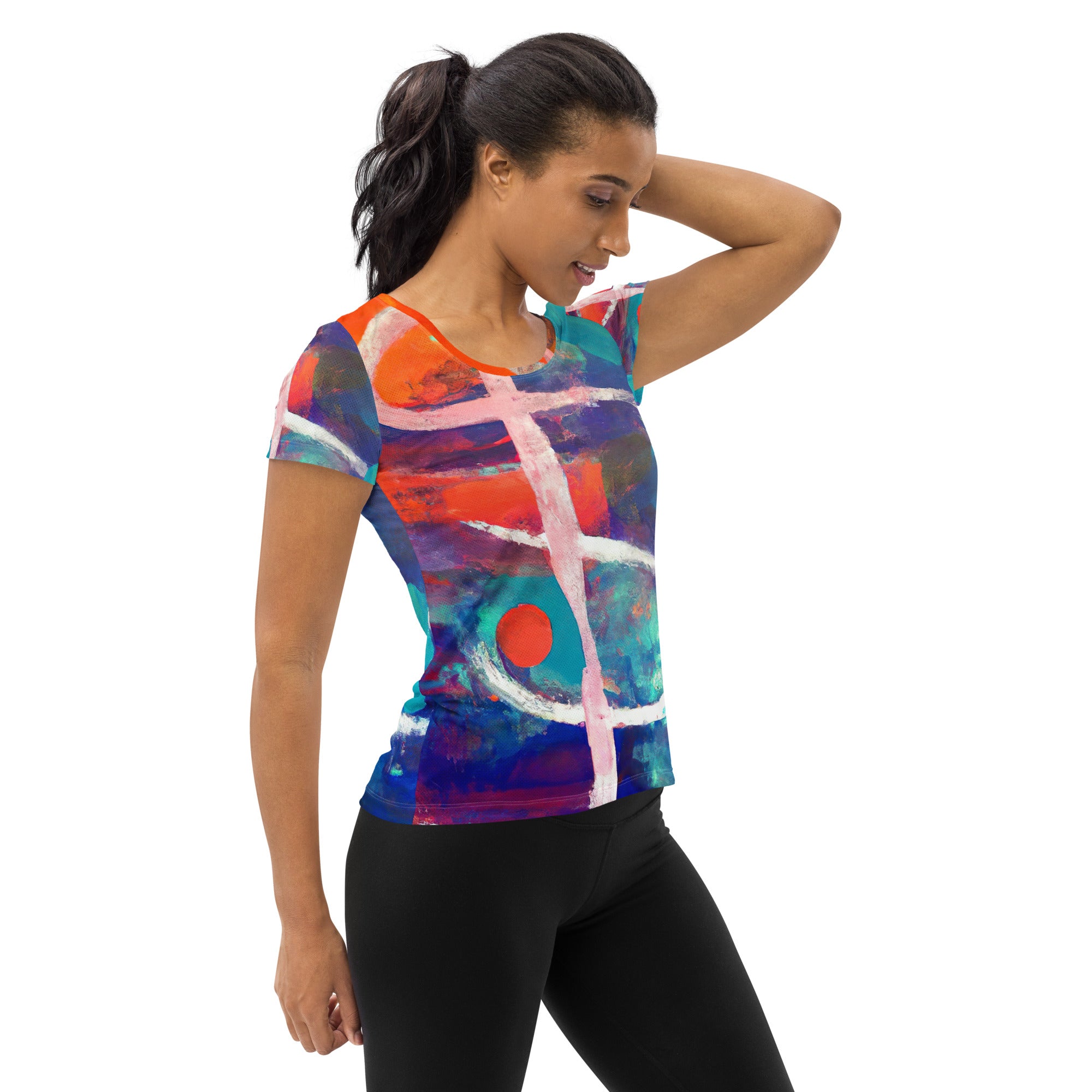 Women's Stretch Fit Athletic Sports T-shirt in red and blue multicolor abstract pattern, showcasing its soft fabric and athletic design.