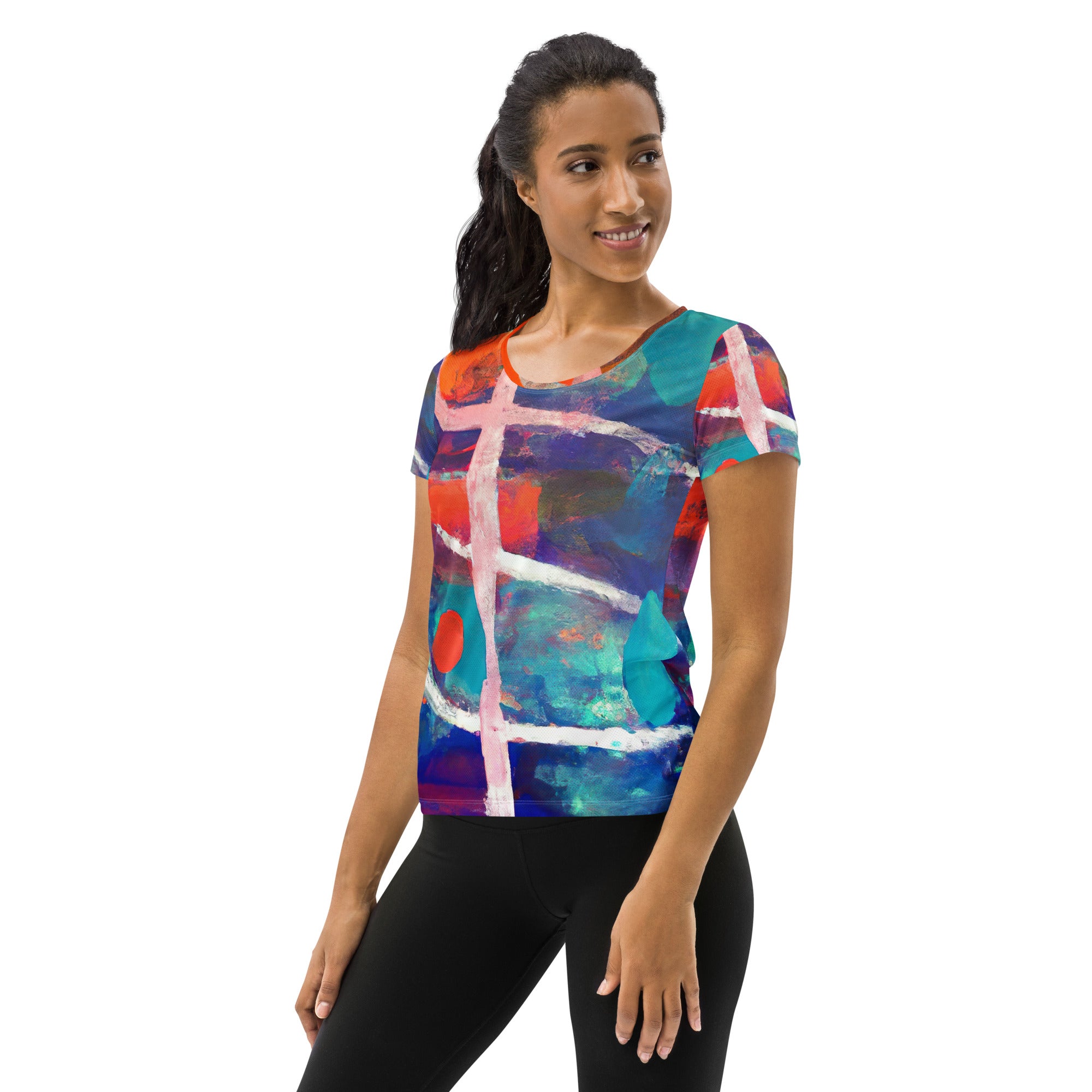 Women's Stretch Fit Athletic Sports T-shirt in red and blue multicolor abstract pattern, showcasing its soft fabric and athletic design.