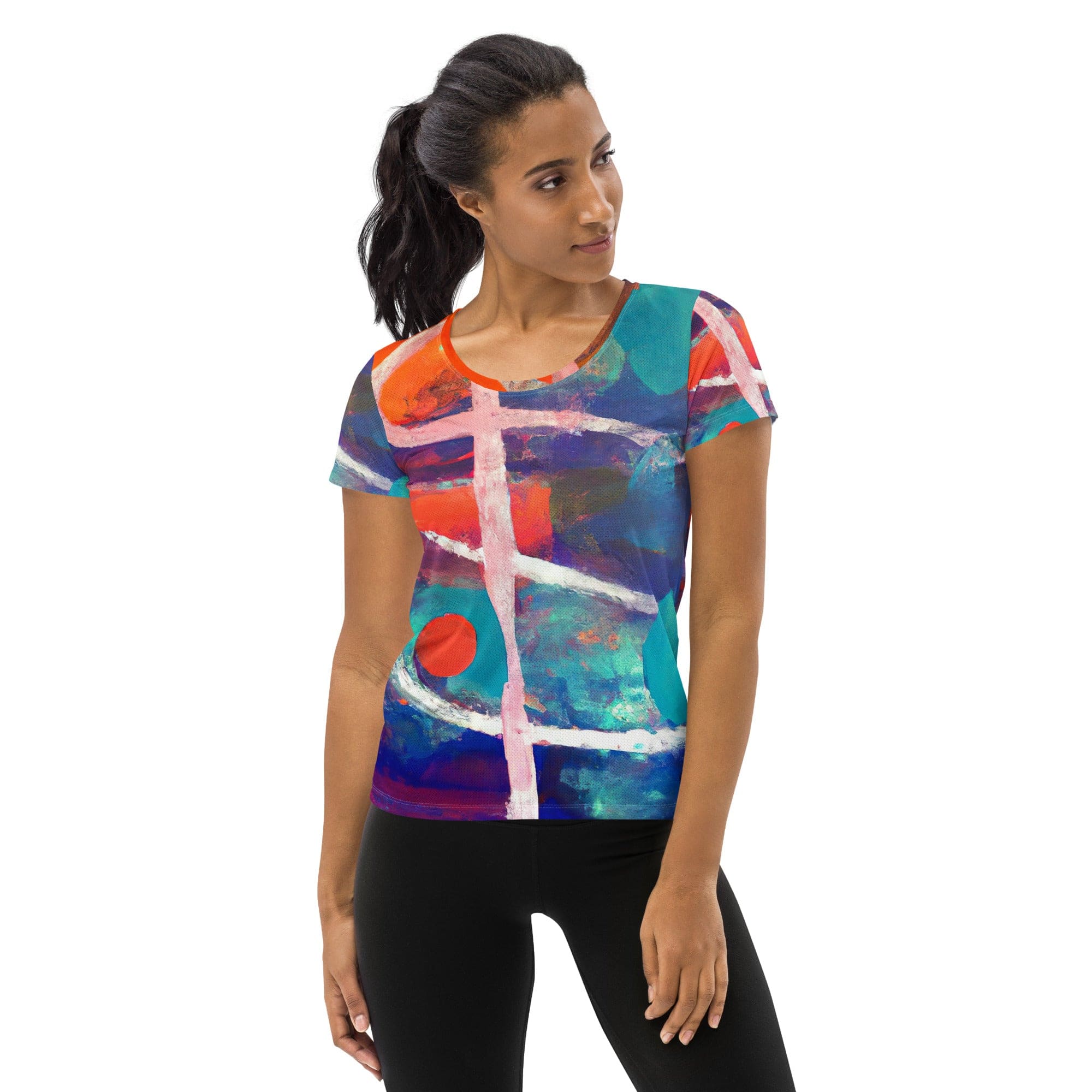 Women's Stretch Fit Athletic Sports T-shirt in red and blue multicolor abstract pattern, showcasing its soft fabric and athletic design.