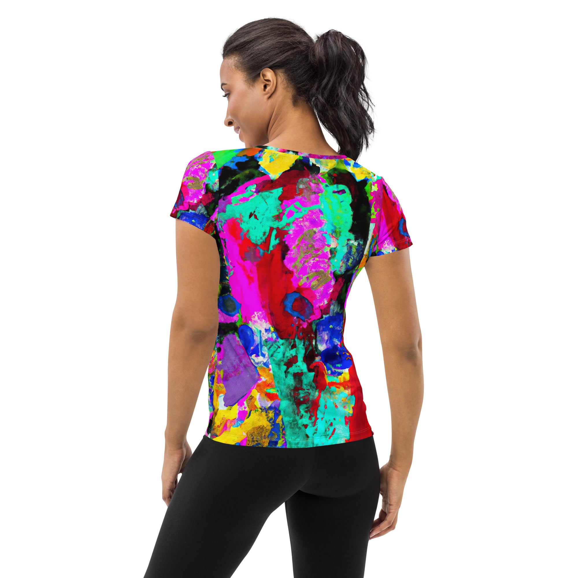 Women's Stretch Fit Athletic Sports T-shirt in red multicolor abstract pattern, showcasing its soft fabric and athletic design.