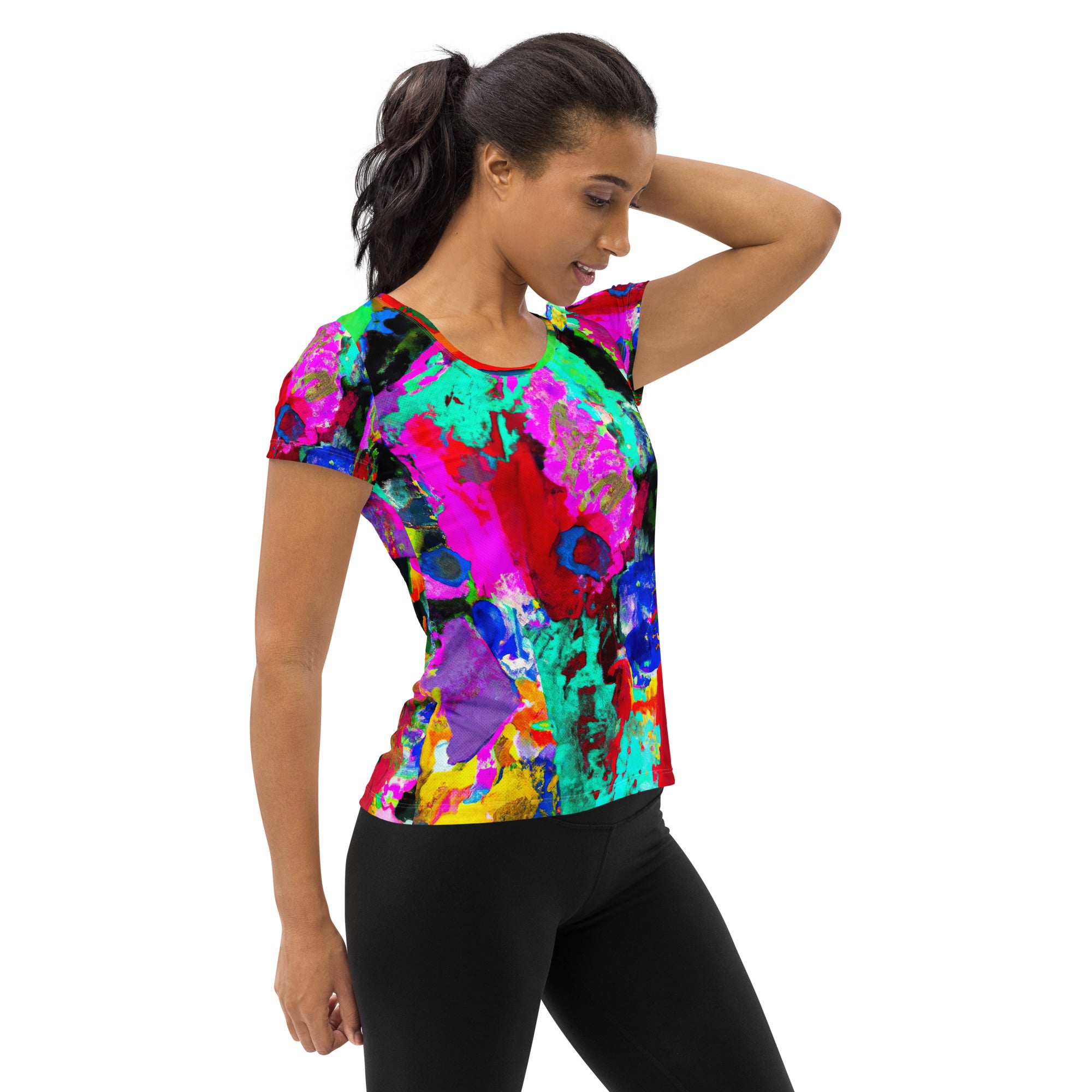 Women's Stretch Fit Athletic Sports T-shirt in red multicolor abstract pattern, showcasing its soft fabric and athletic design.