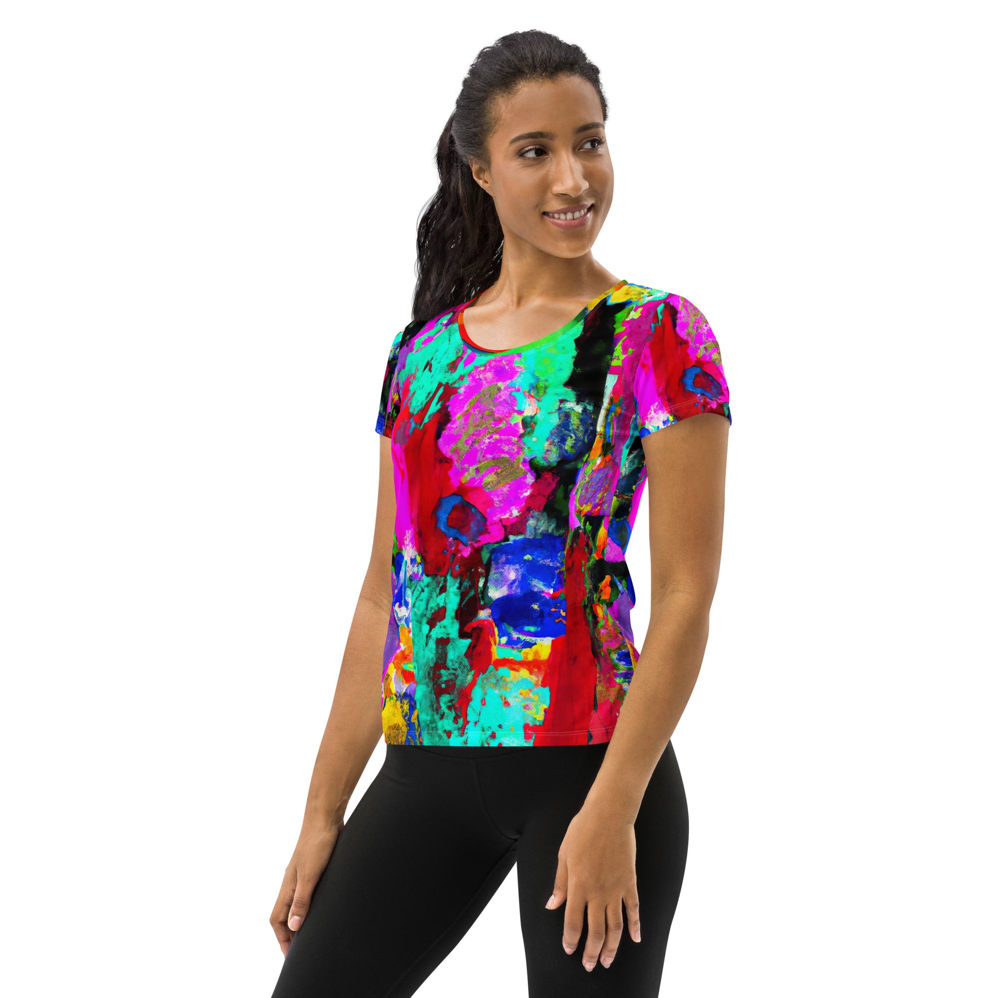 Women's Stretch Fit Athletic Sports T-shirt in red multicolor abstract pattern, showcasing its soft fabric and athletic design.