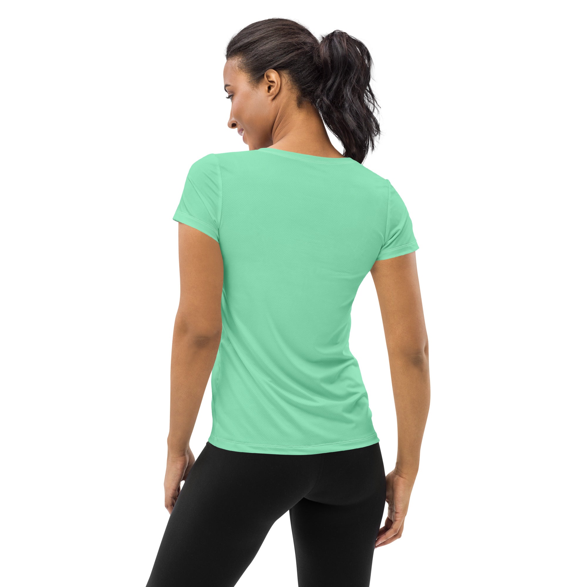 Women's Stretch Fit Athletic Sports T-shirt in Seafoam Green, showcasing its flexible fit and stylish design, perfect for workouts.