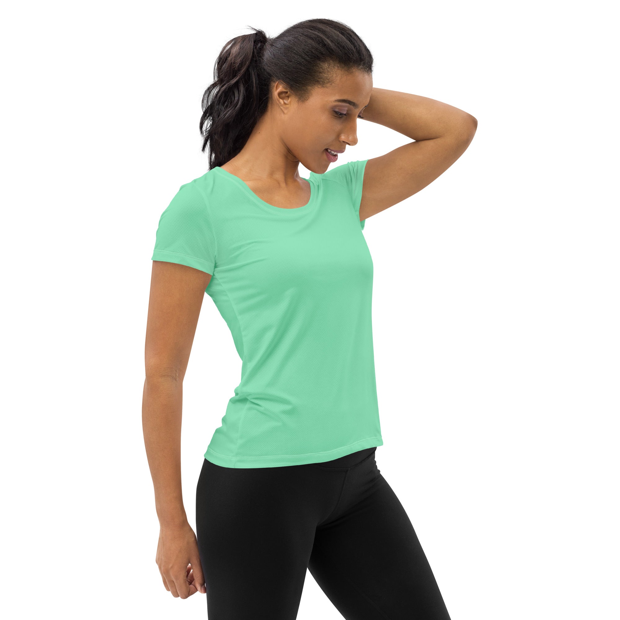 Women's Stretch Fit Athletic Sports T-shirt in Seafoam Green, showcasing its flexible fit and stylish design, perfect for workouts.