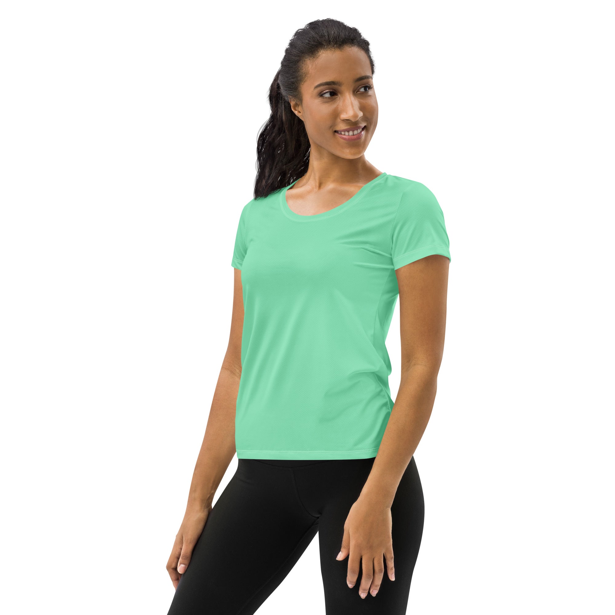 Women's Stretch Fit Athletic Sports T-shirt in Seafoam Green, showcasing its flexible fit and stylish design, perfect for workouts.