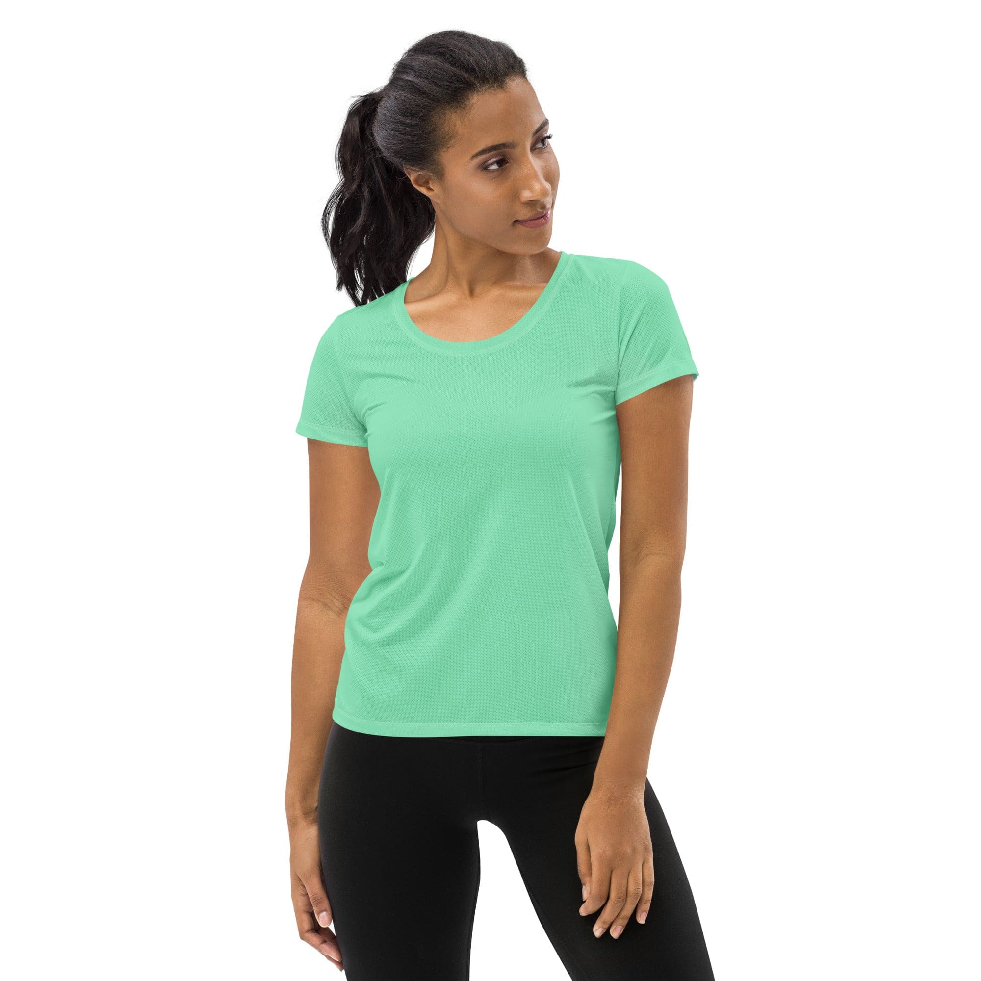 Women's Stretch Fit Athletic Sports T-shirt in Seafoam Green, showcasing its flexible fit and stylish design, perfect for workouts.