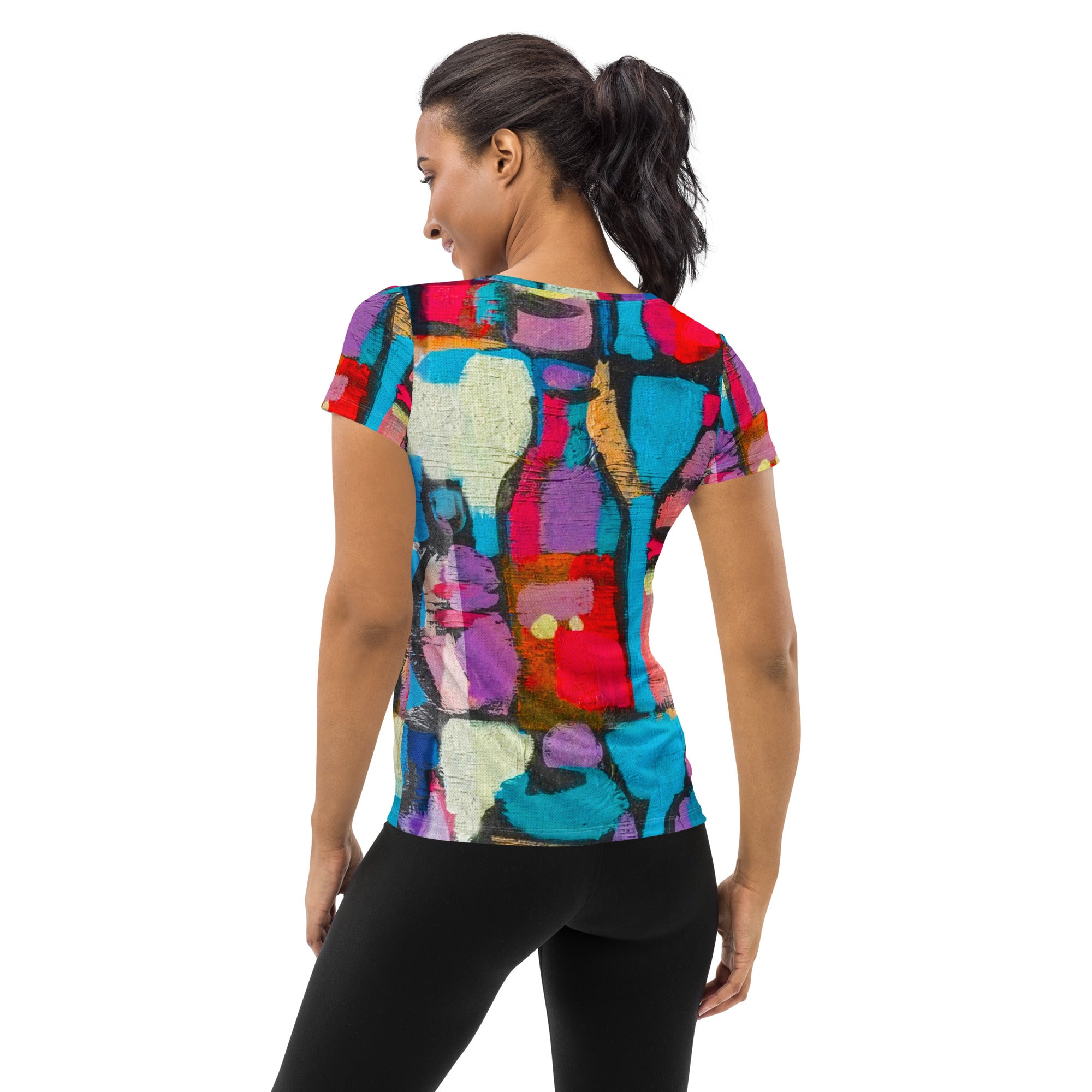 Women's Stretch Fit Athletic Sports T-shirt in Sutileza Red Multicolor, featuring a smooth colorful abstract print and a comfortable athletic fit.