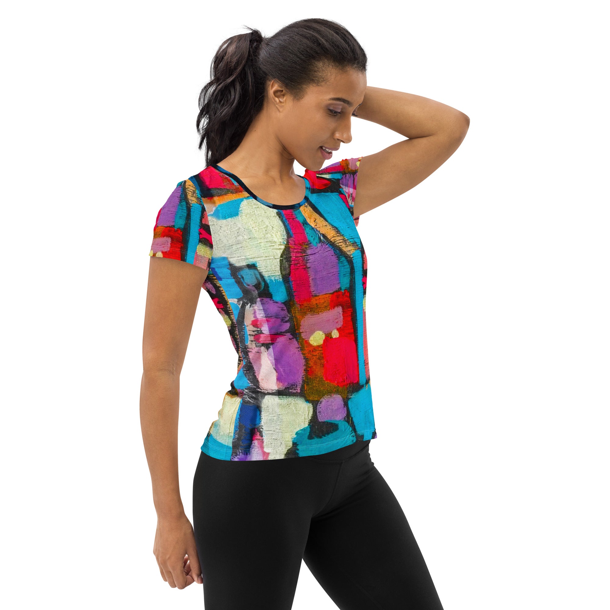 Women's Stretch Fit Athletic Sports T-shirt in Sutileza Red Multicolor, featuring a smooth colorful abstract print and a comfortable athletic fit.