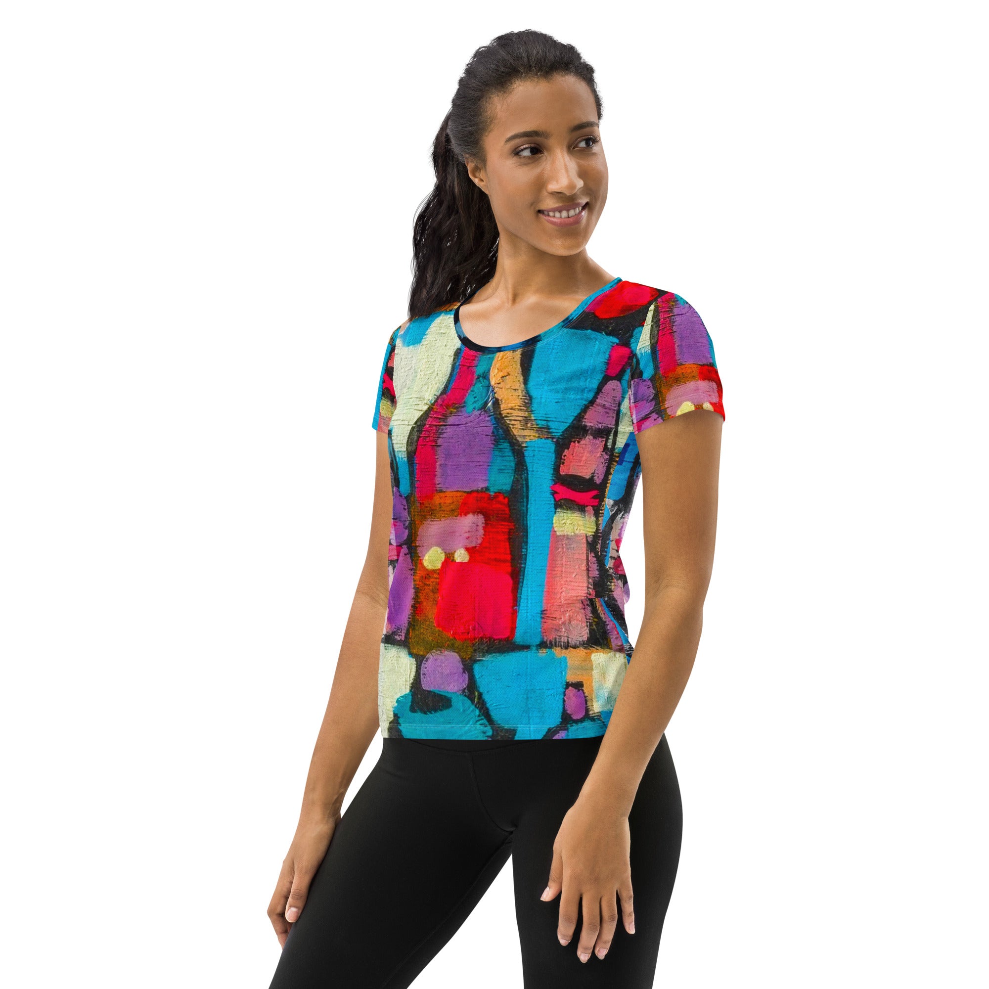 Women's Stretch Fit Athletic Sports T-shirt in Sutileza Red Multicolor, featuring a smooth colorful abstract print and a comfortable athletic fit.