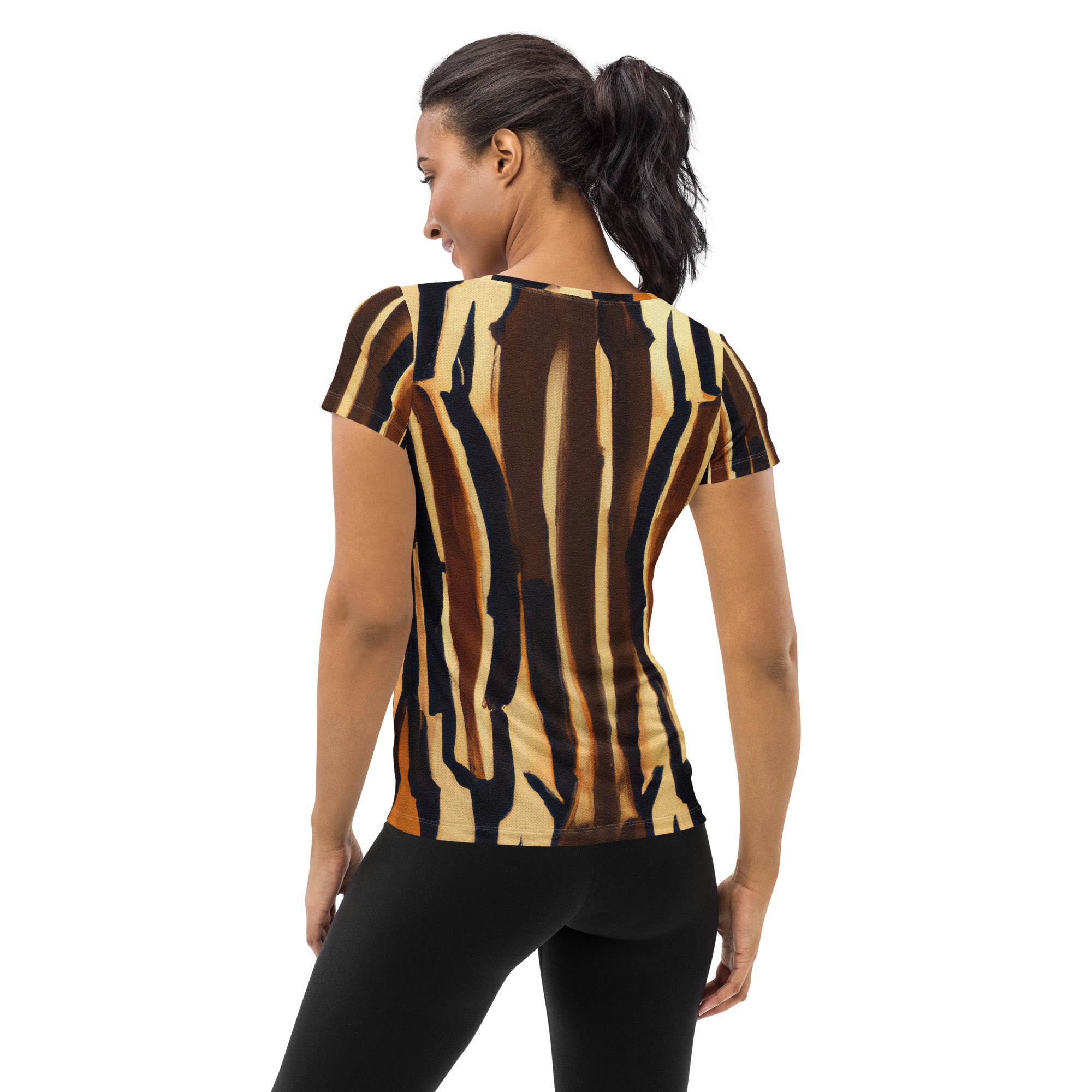 Women's Stretch Fit Athletic Sports T-shirt featuring a Zorse Lines geometric print, designed for comfort and performance during workouts.