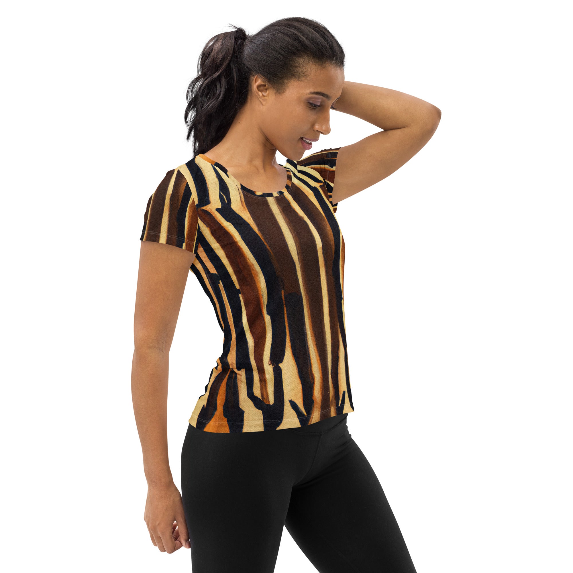 Women's Stretch Fit Athletic Sports T-shirt featuring a Zorse Lines geometric print, designed for comfort and performance during workouts.