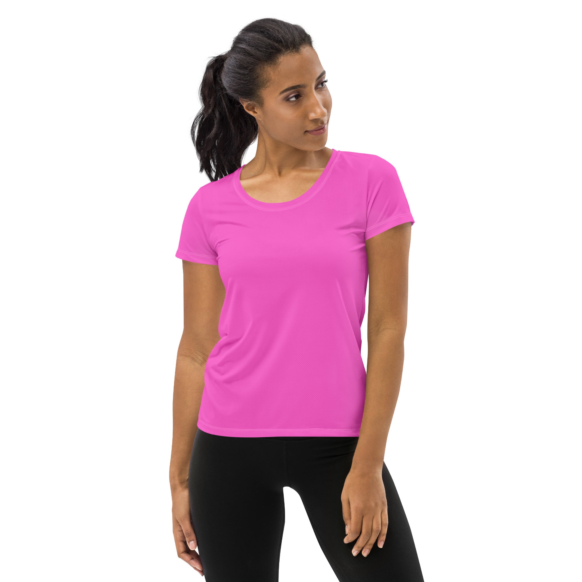 Women's Stretch Fit Athletic Sports T-Shirt in sports mesh fabric, showcasing its stylish design and moisture-wicking properties.