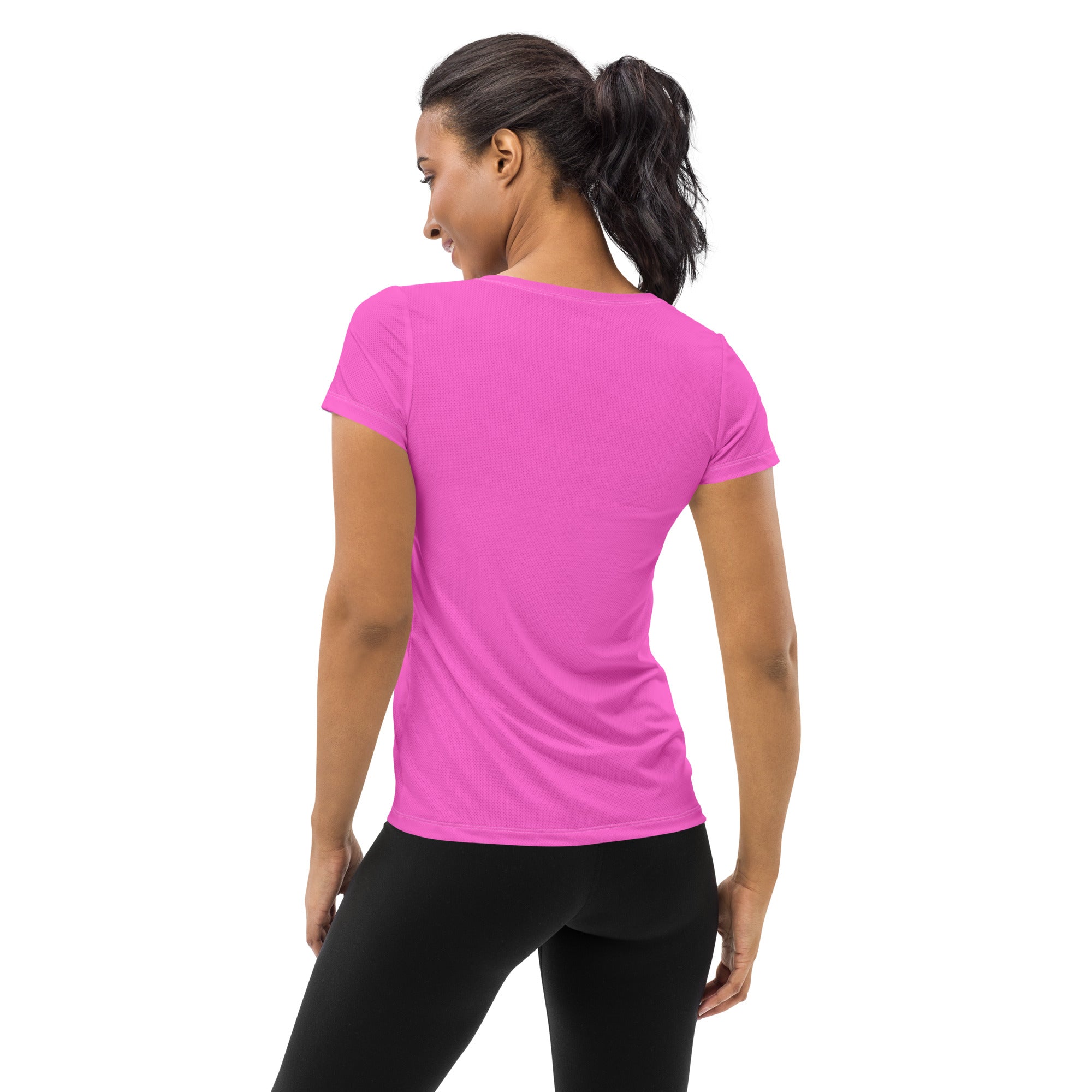 Women's Stretch Fit Athletic Sports T-Shirt in sports mesh fabric, showcasing its stylish design and moisture-wicking properties.