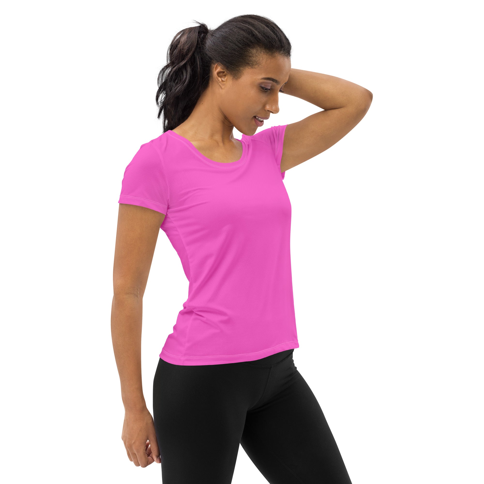 Women's Stretch Fit Athletic Sports T-Shirt in sports mesh fabric, showcasing its stylish design and moisture-wicking properties.