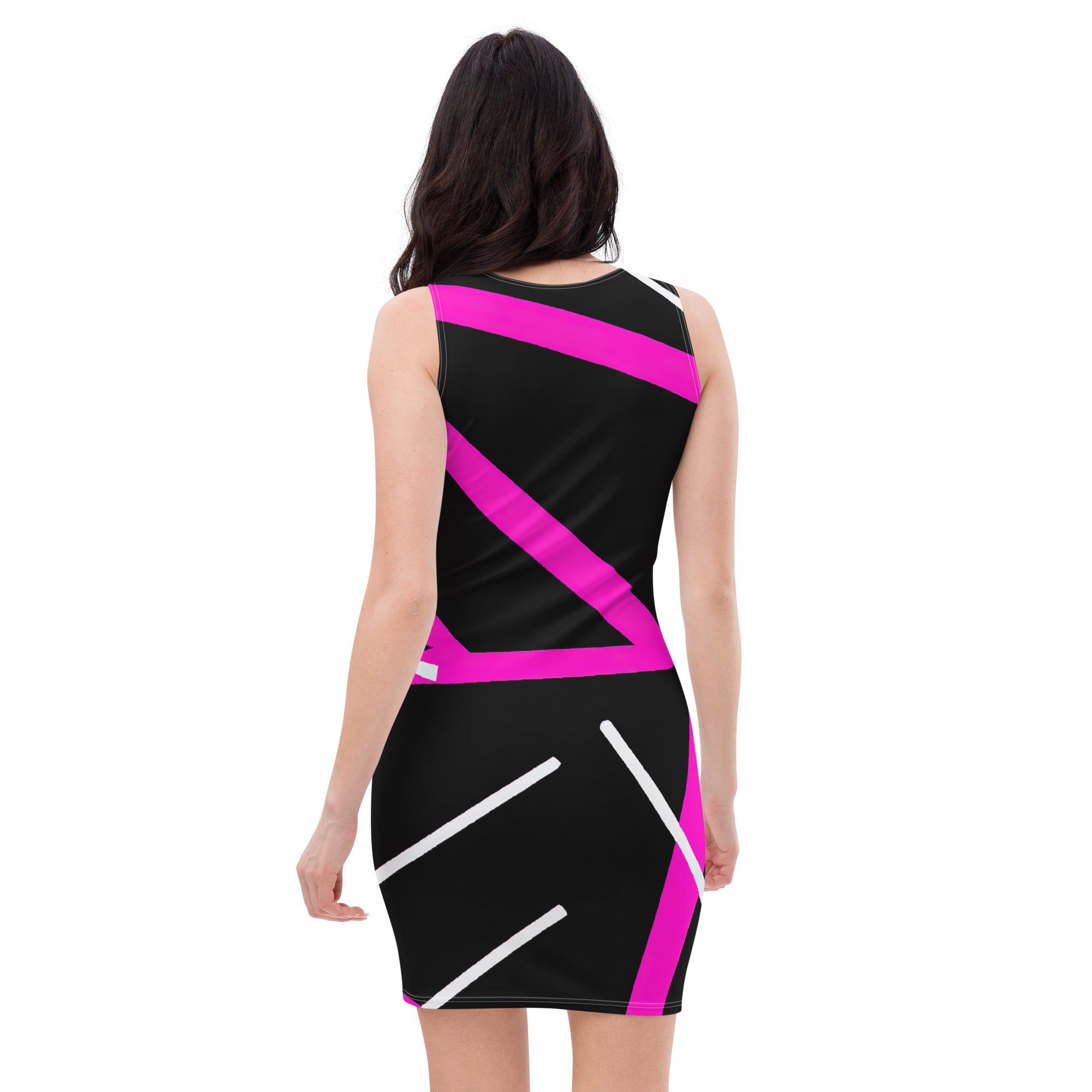 Women's stretch fit bodycon dress featuring a black and pink pattern, showcasing a flattering silhouette and sleeveless design.