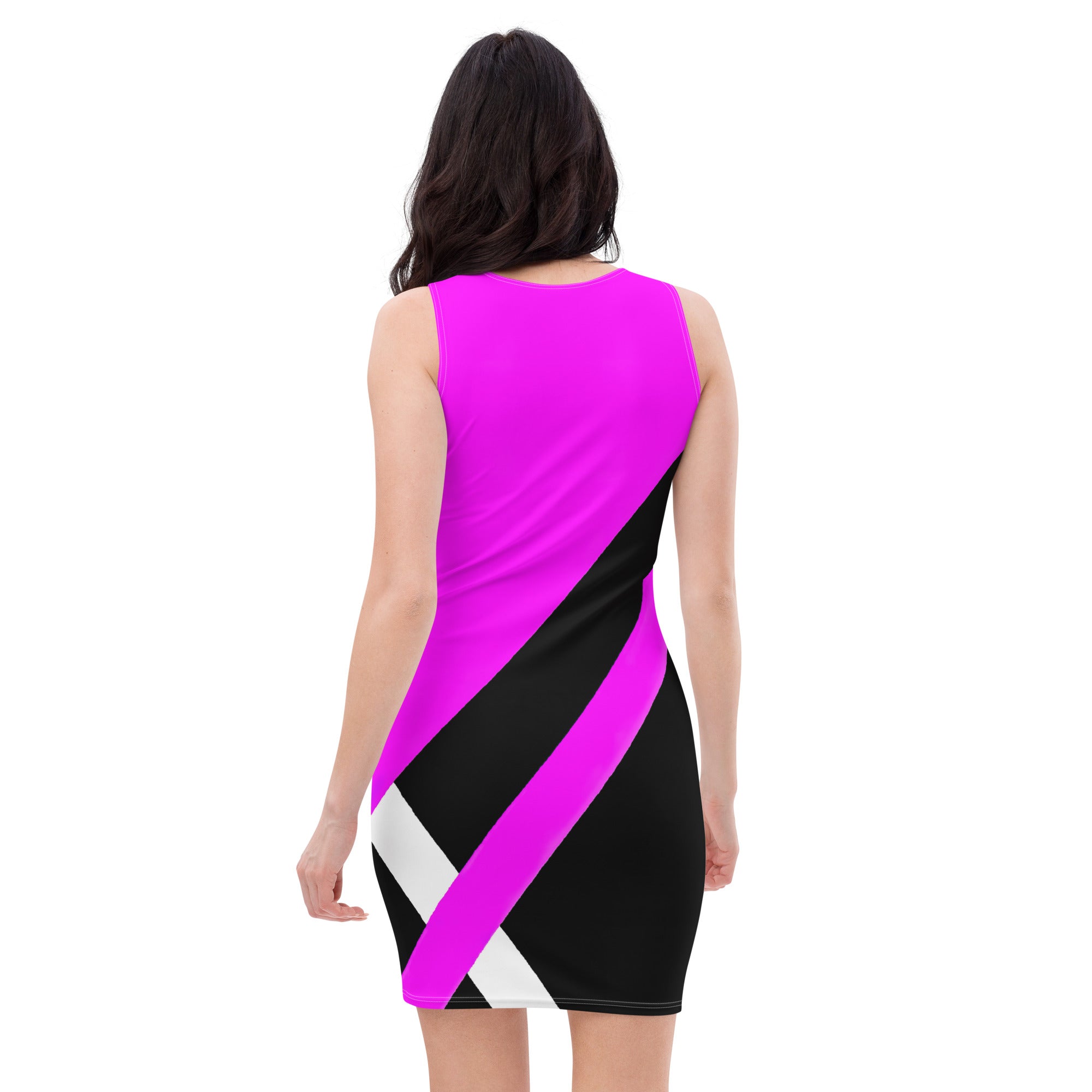 Women's stretch fit bodycon dress featuring a stylish black and pink pattern, designed to accentuate curves and provide comfort.