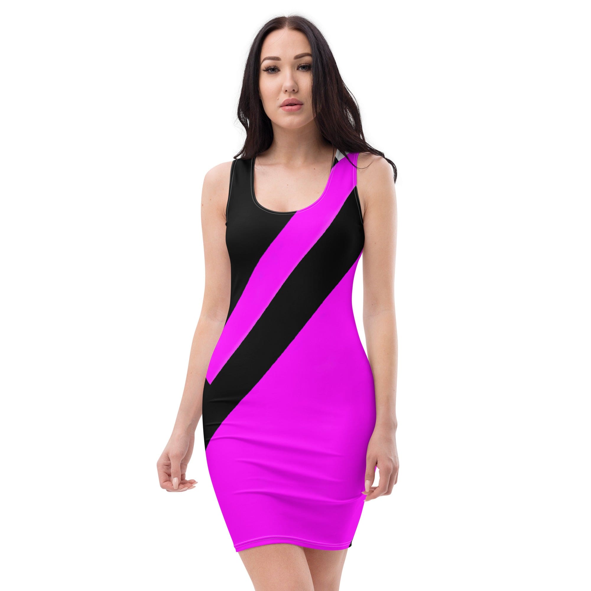 Women's stretch fit bodycon dress featuring a stylish black and pink pattern, designed to accentuate curves and provide comfort.