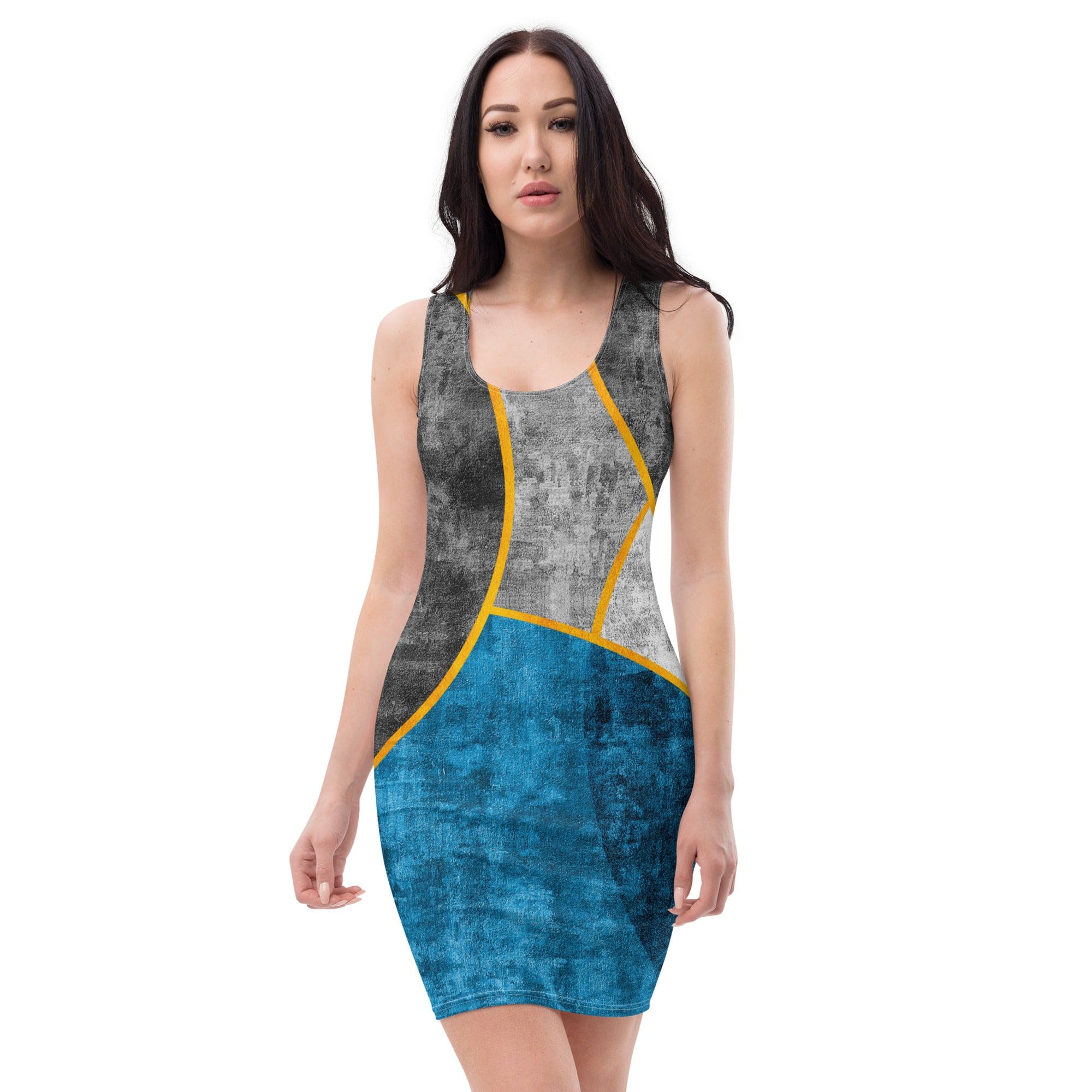 A stylish Women's Stretch Fit Bodycon Dress in Blue Grey, showcasing a figure-hugging silhouette and sleeveless design, perfect for special occasions.