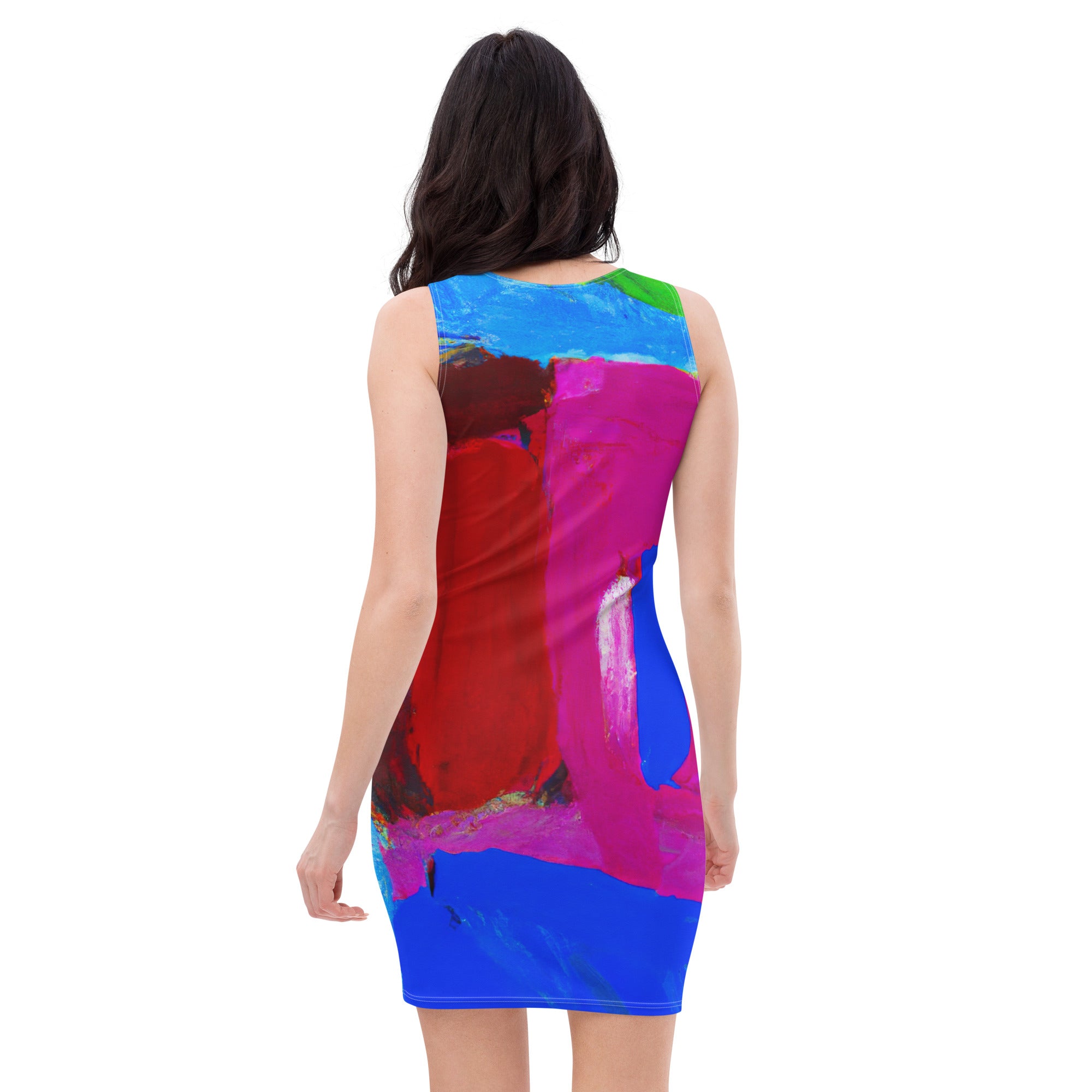 A stylish women's stretch fit bodycon dress featuring a blue and red abstract pattern, designed to accentuate curves and provide comfort.