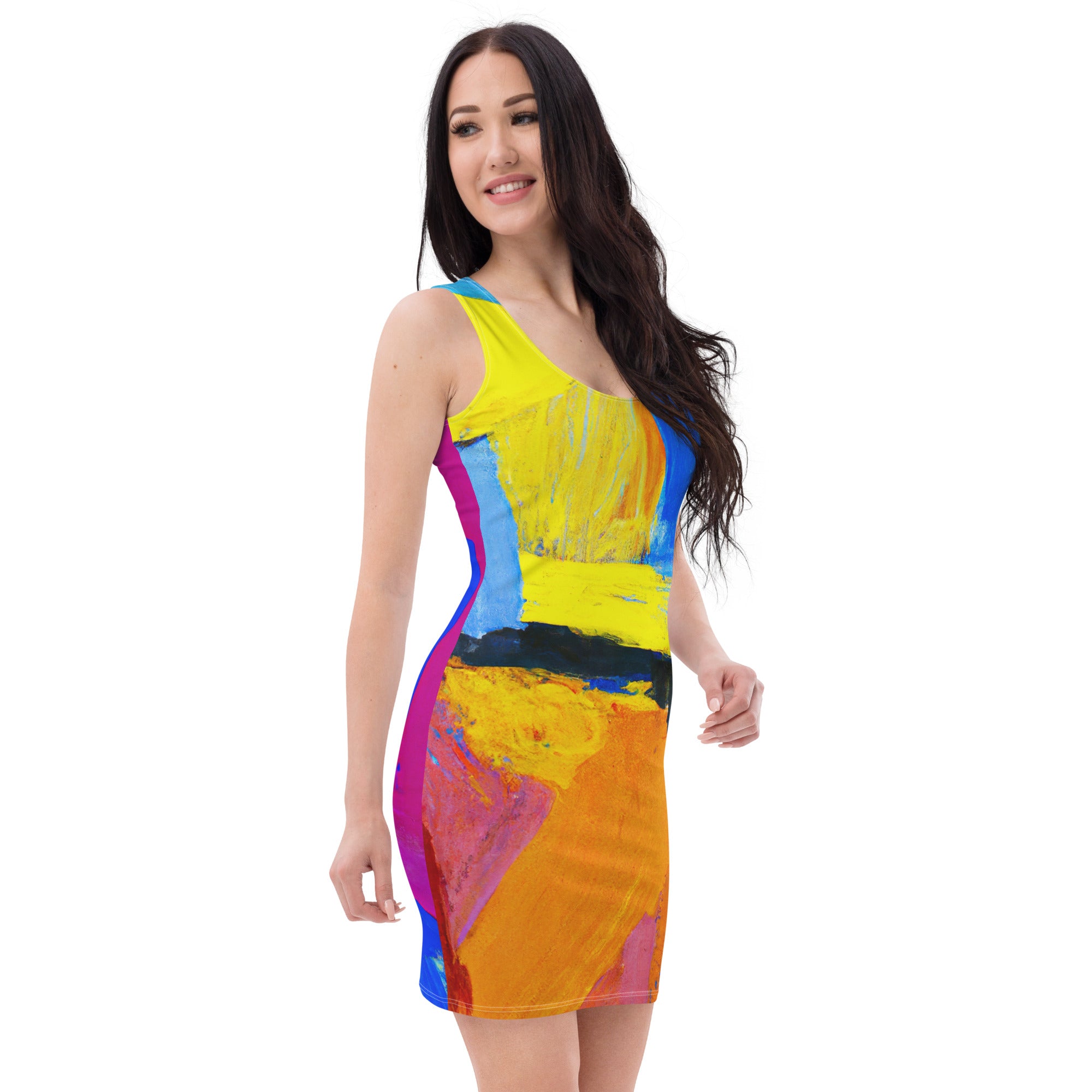 A stylish women's stretch fit bodycon dress featuring a blue and red abstract pattern, designed to accentuate curves and provide comfort.