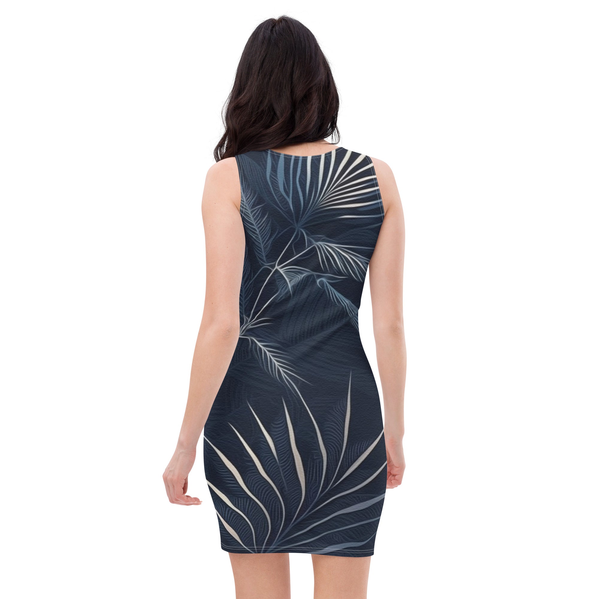 A stylish women's stretch fit bodycon dress featuring a blue and white palm leaves print, designed to accentuate curves and provide comfort.