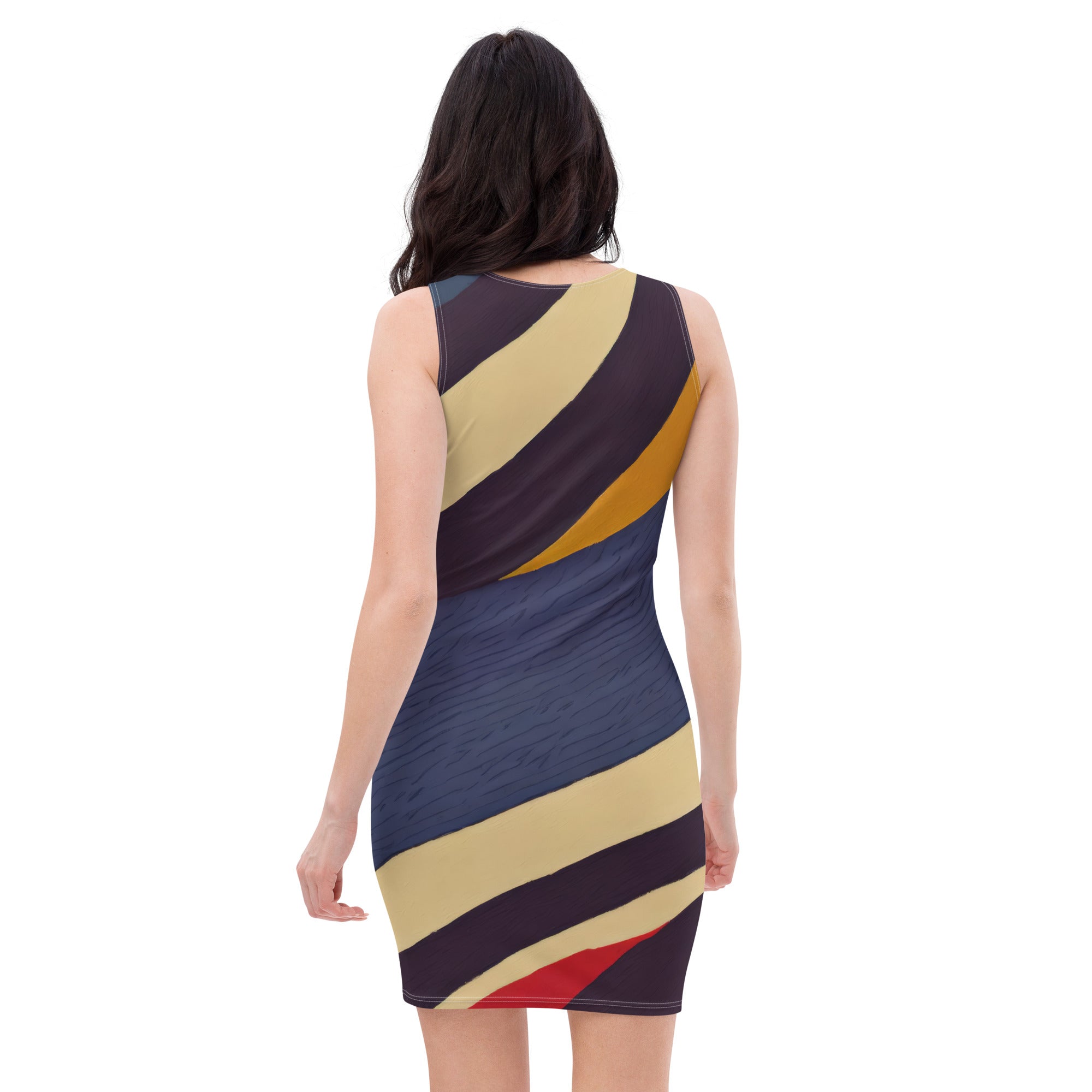 Women's Stretch Fit Bodycon Dress featuring a stylish colorblock design in brown, red, and blue, showcasing a figure-hugging silhouette.