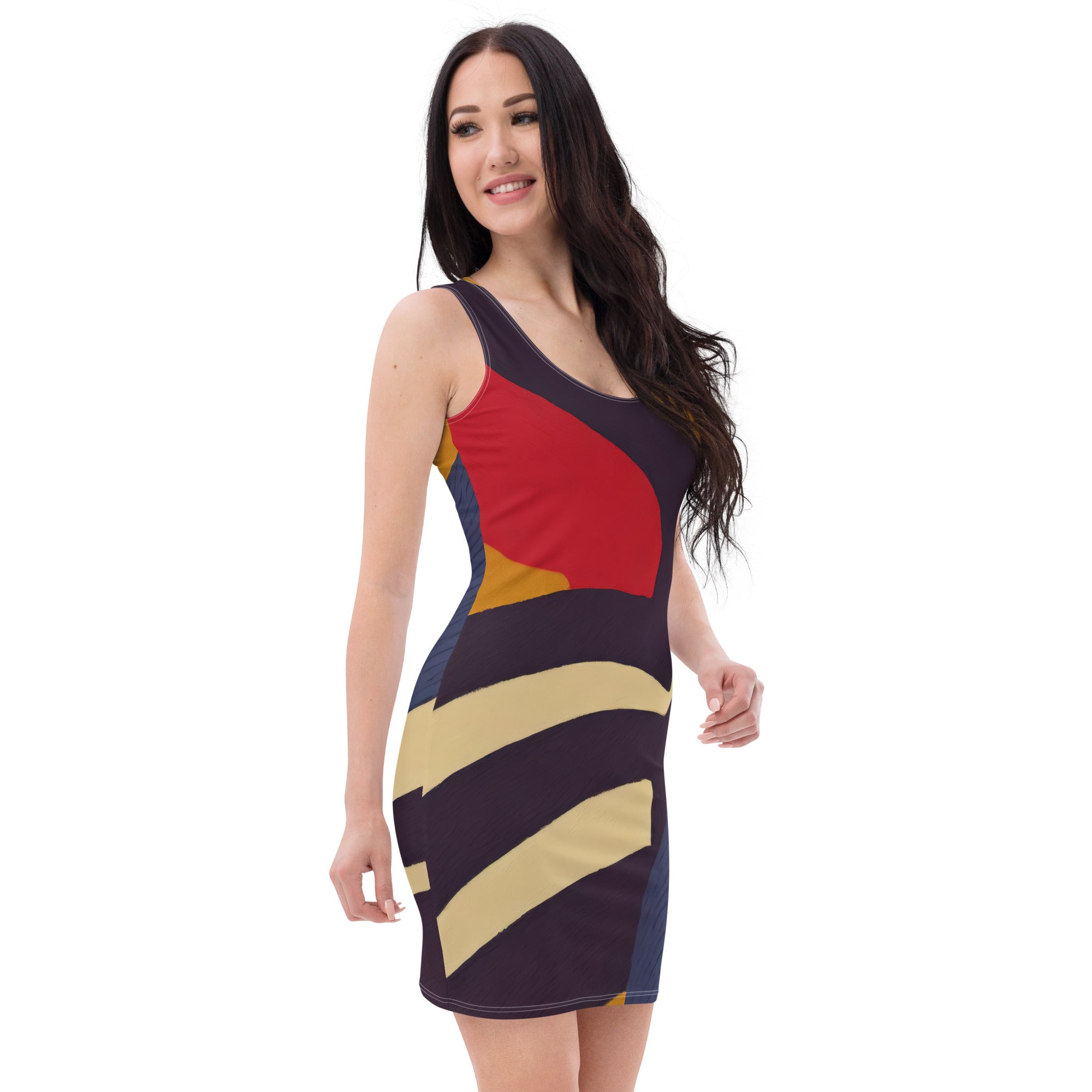 Women's Stretch Fit Bodycon Dress featuring a stylish colorblock design in brown, red, and blue, showcasing a figure-hugging silhouette.