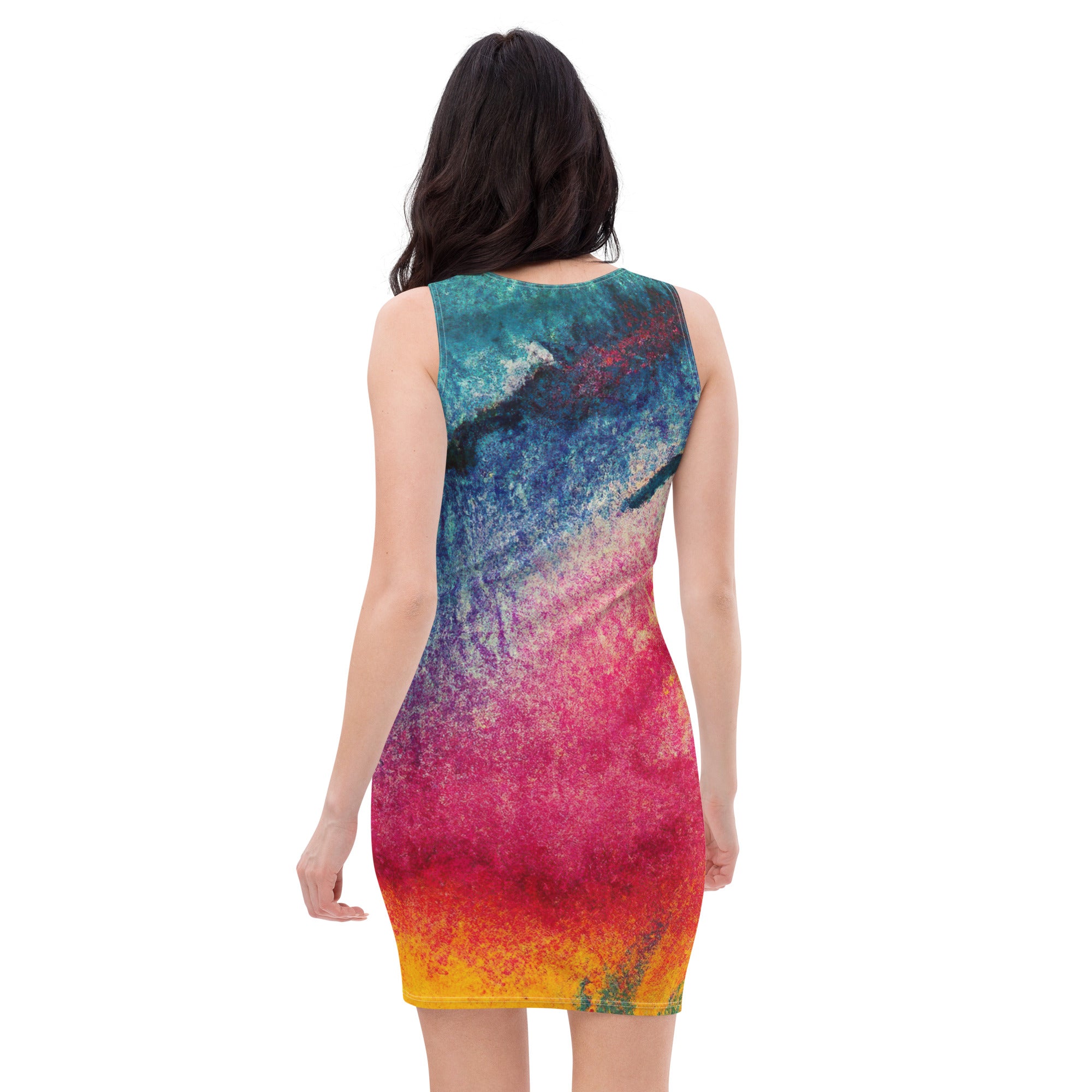 Womens Stretch Fit Bodycon Dress featuring a vibrant multicolor abstract pattern, showcasing a figure-hugging silhouette and sleeveless design.