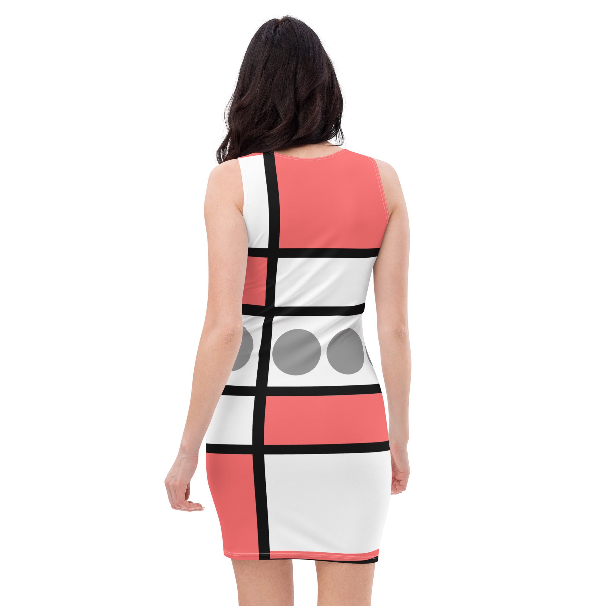 A stylish women's stretch fit bodycon dress in pale red print, showcasing a figure-hugging silhouette and sleeveless design, perfect for any occasion.