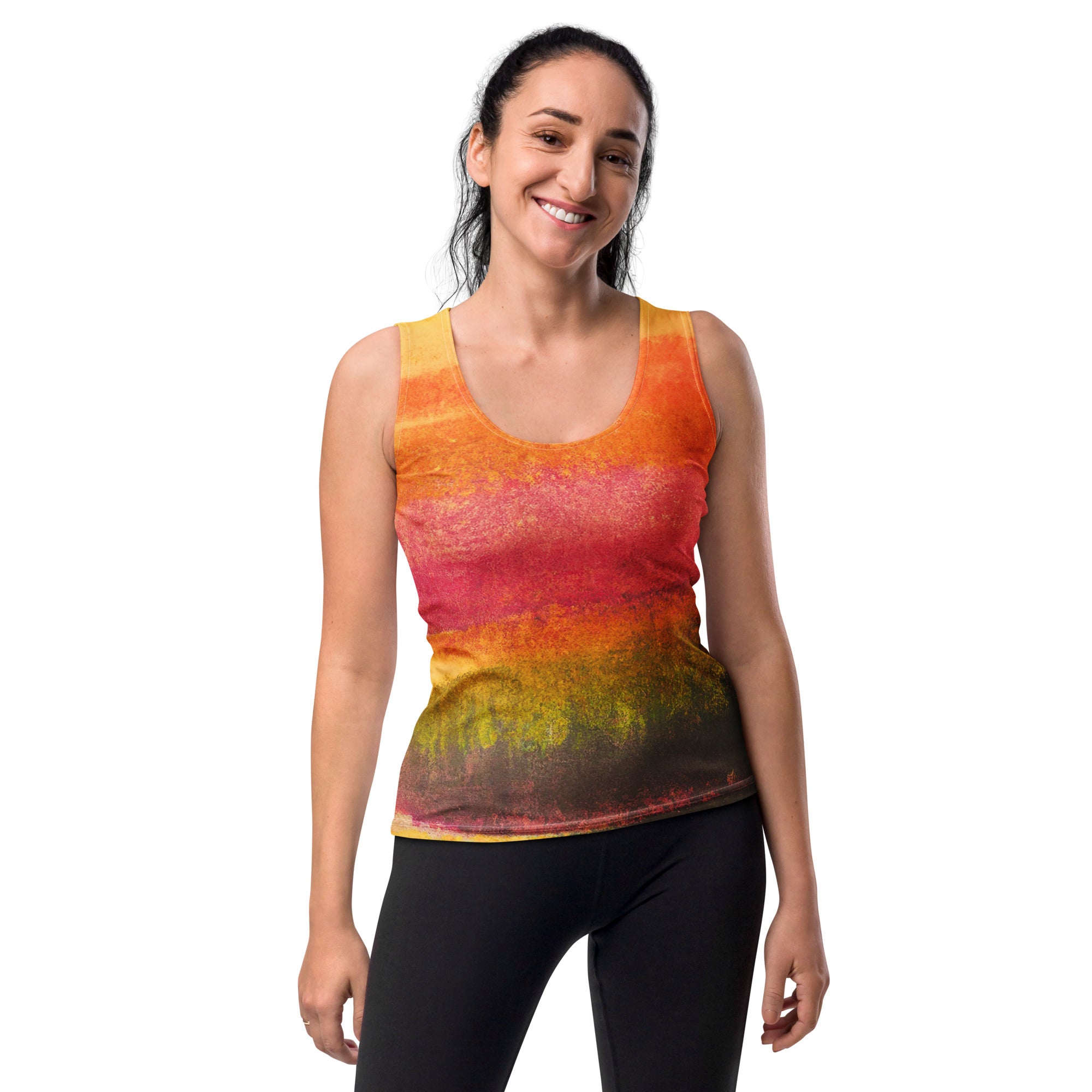 Women's Stretch Fit Tank Top featuring an Autumn Fall Watercolor Abstract Print, showcasing vibrant colors and a stylish design.