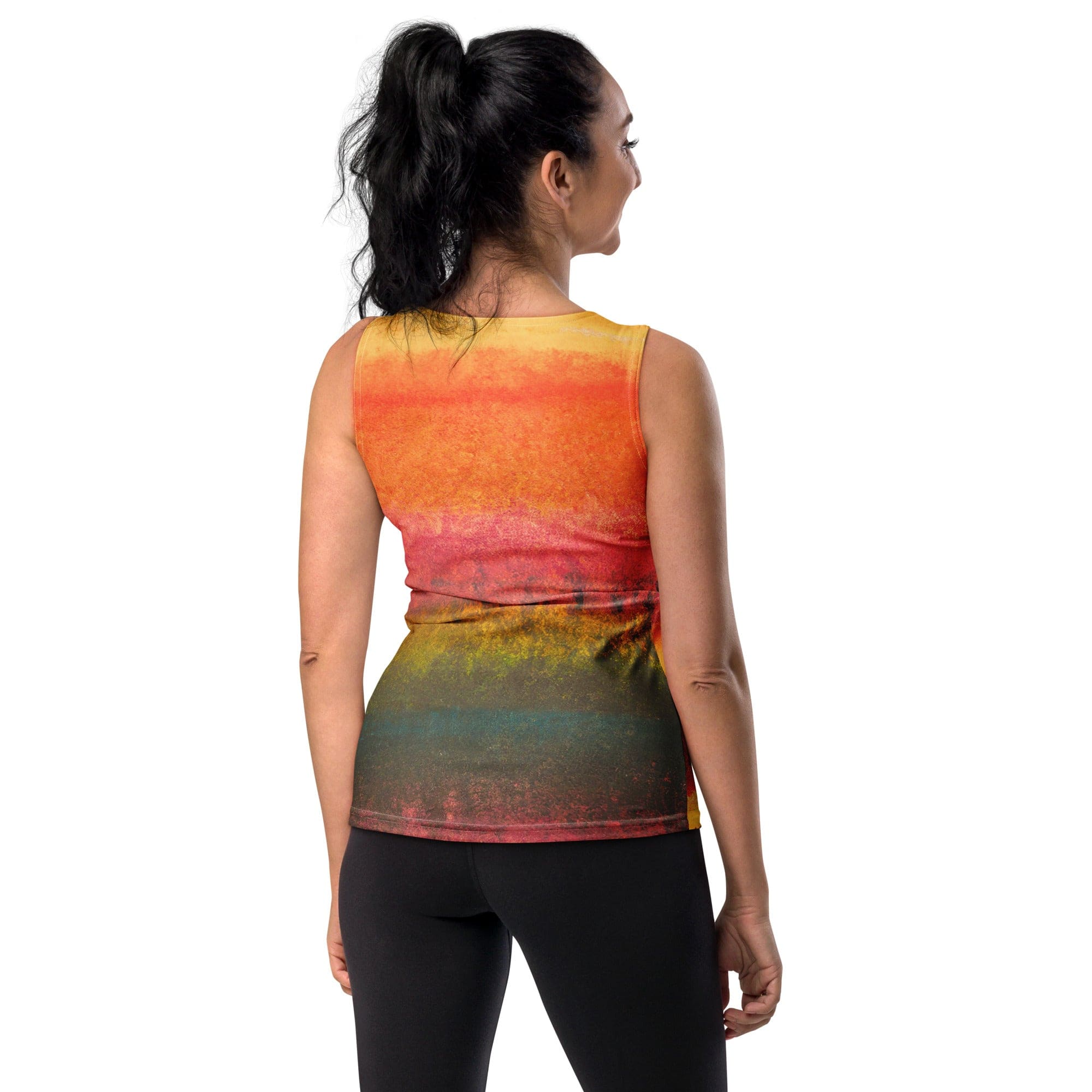 Women's Stretch Fit Tank Top featuring an Autumn Fall Watercolor Abstract Print, showcasing vibrant colors and a stylish design.