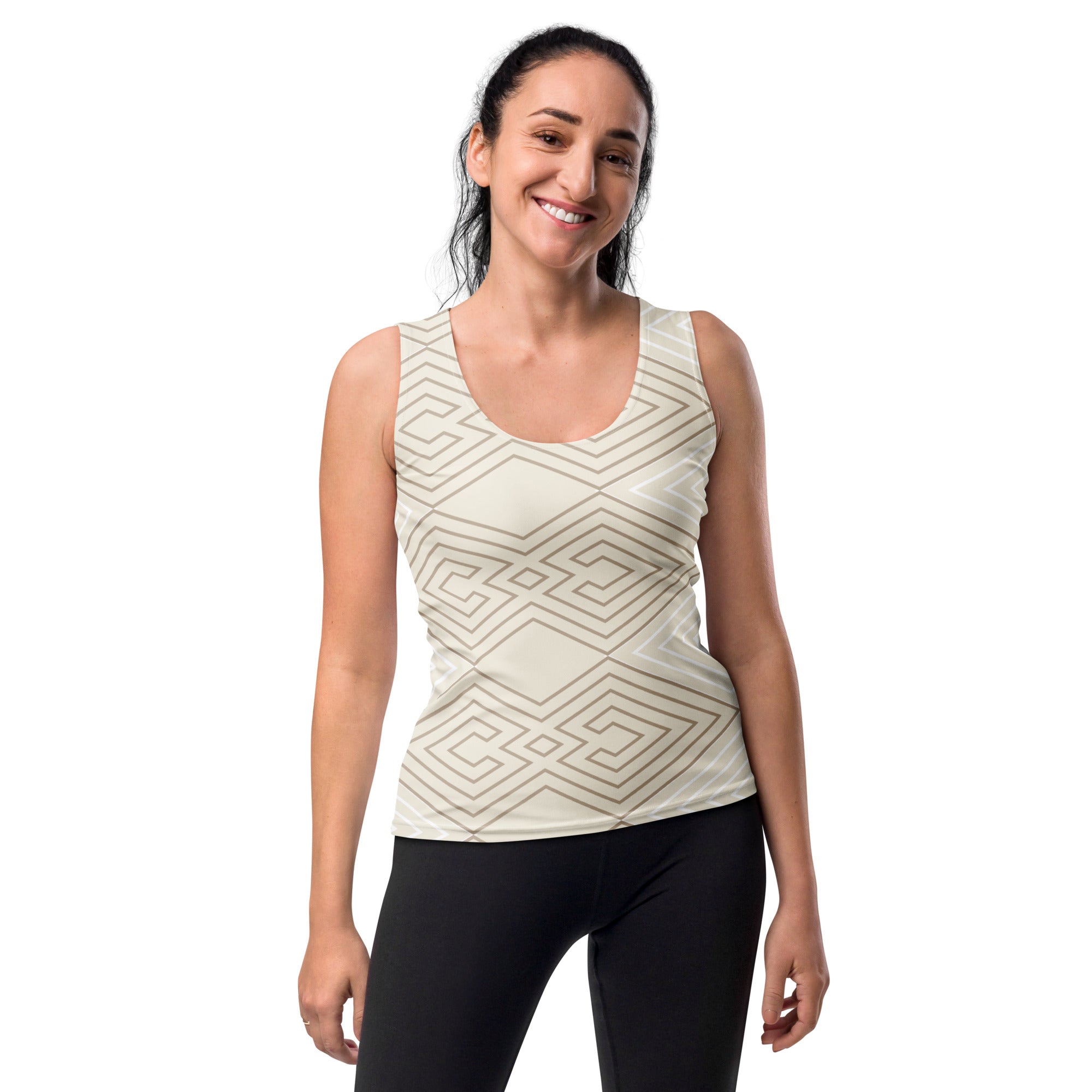 Womens Stretch Fit Tank Top in beige brown with Aztec geometric lines, showcasing a sleeveless design and scoop neckline.