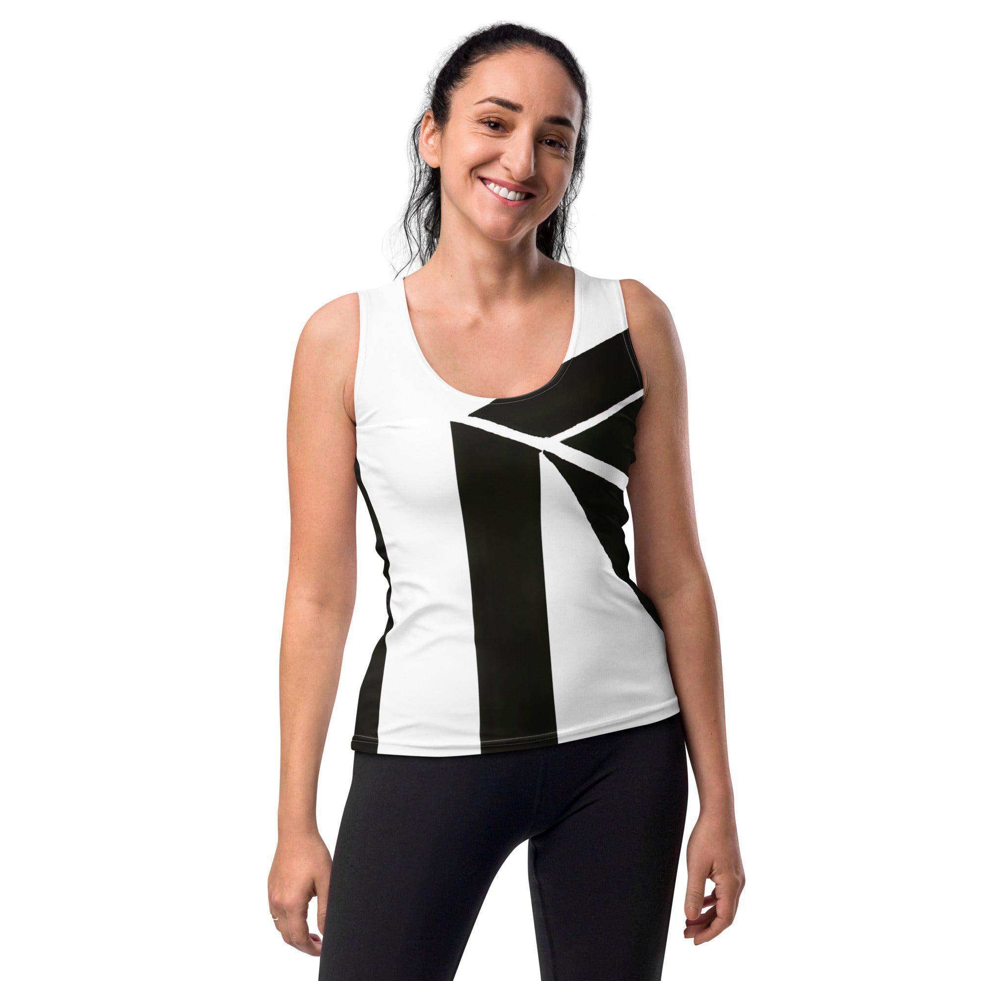 Women's Stretch Fit Tank Top featuring a stylish black and white geometric pattern, designed for comfort and versatility.