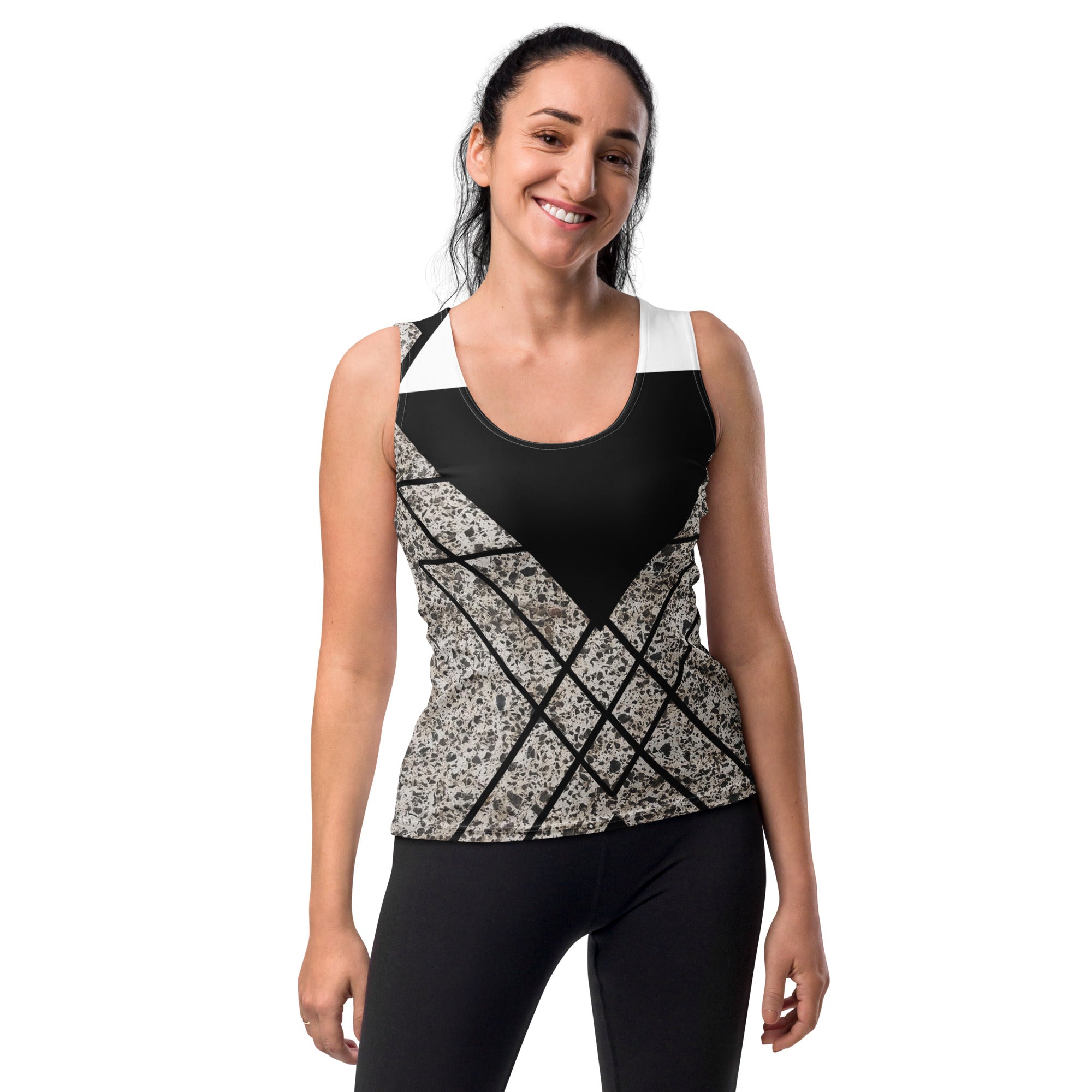 Womens Stretch Fit Tank Top featuring a black and white triangular colorblock design, showcasing its sleeveless style and scoop neckline.