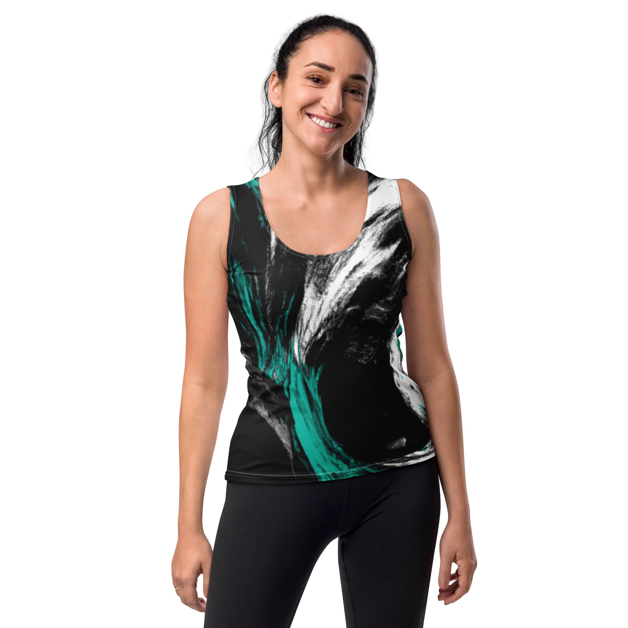 Women's Stretch Fit Tank Top featuring a black, green, and white abstract pattern, designed for comfort and style.