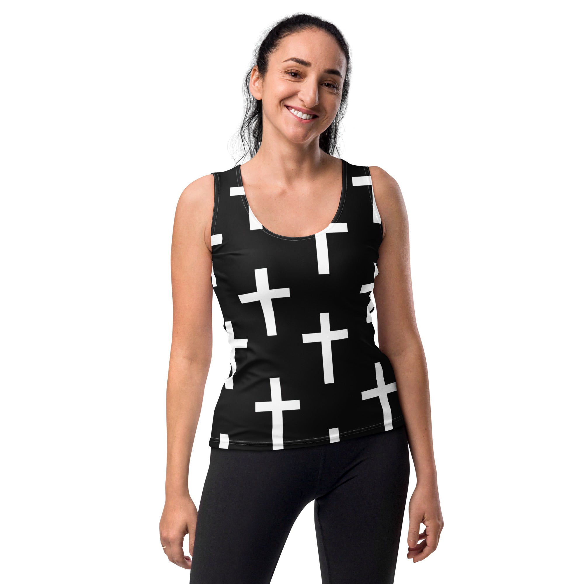 Womens Stretch Fit Tank Top featuring a black and white seamless cross print, designed for comfort and style during workouts or casual outings.