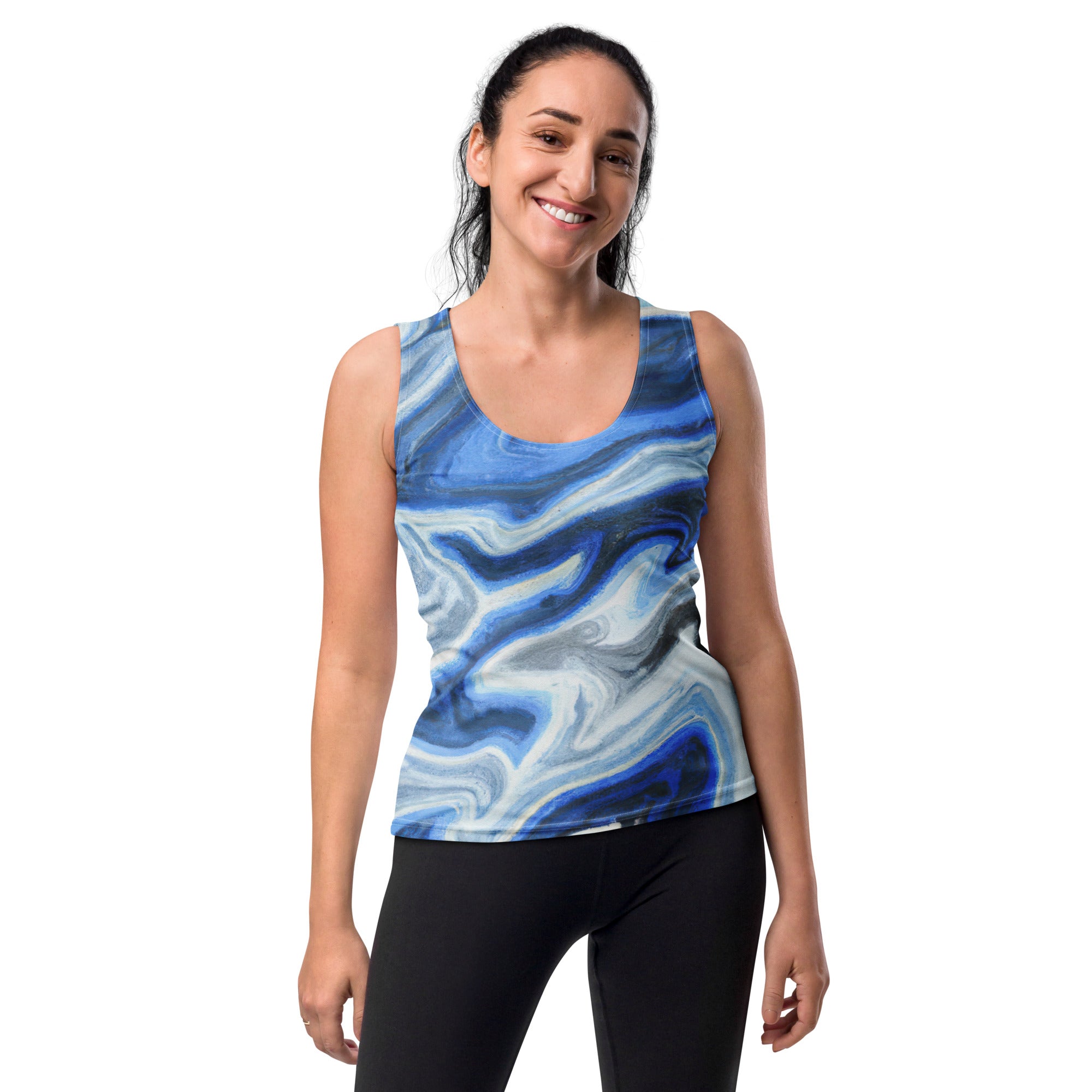 Womens Stretch Fit Tank Top in Blue Grey Marble Print, showcasing a sleeveless design and scoop neckline for a stylish look.