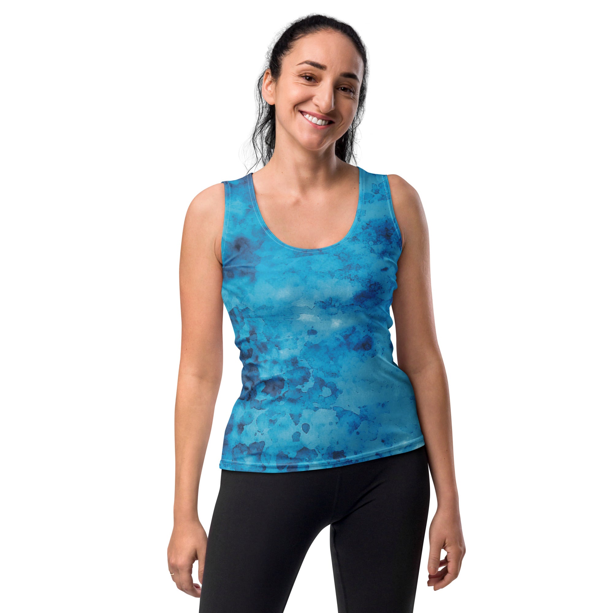 Womens Stretch Fit Tank Top in Blue Marble Print, showcasing a light and dark blue marble design, perfect for workouts and casual wear.