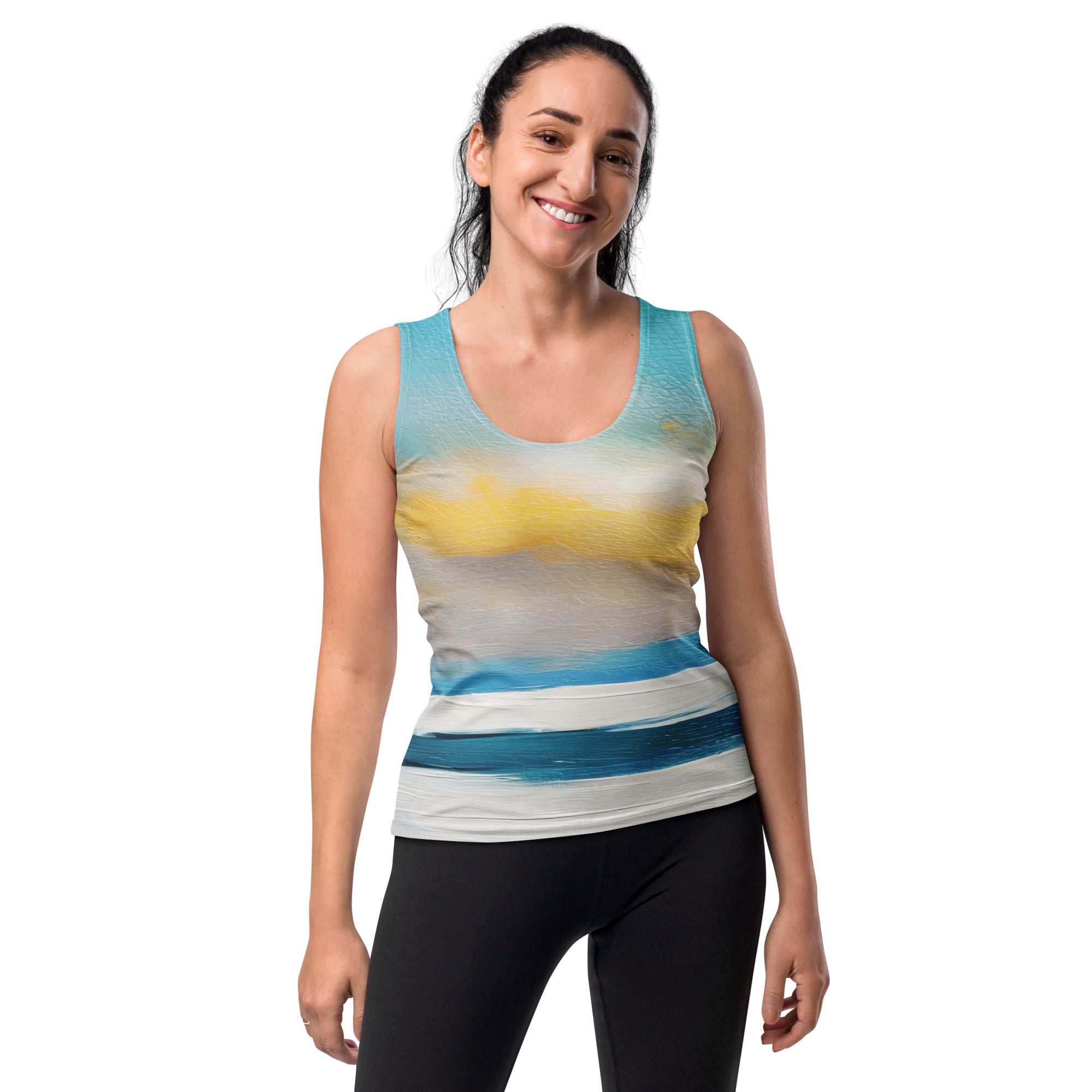 Womens Stretch Fit Tank Top in Blue Ocean Golden Sunset Print, showcasing a stylish scoop neckline and sleeveless design.